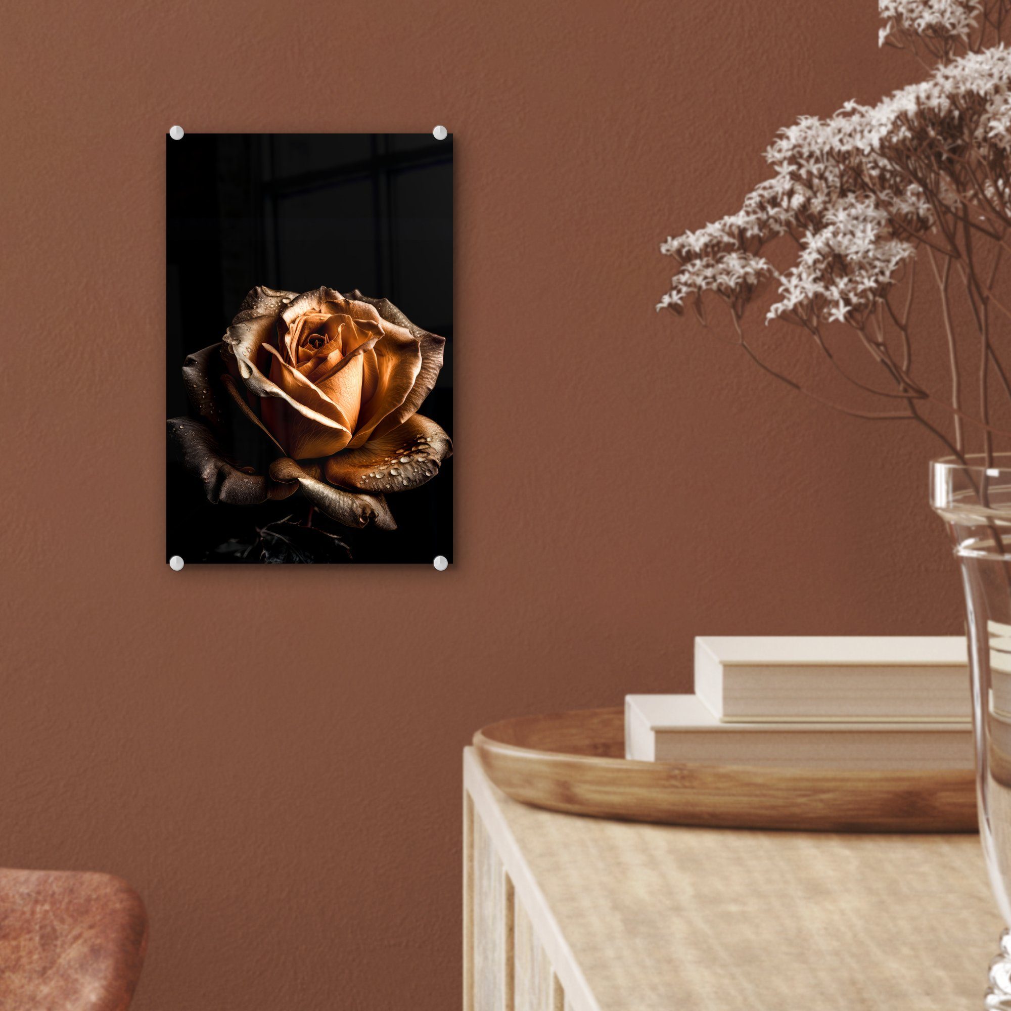 MuchoWow Acrylglasbild Rose - Gold (1 - auf - St), Blumen Botanisch Schwarz, auf Bilder - Glasbilder Glas - Wandbild Glas Wanddekoration Foto 