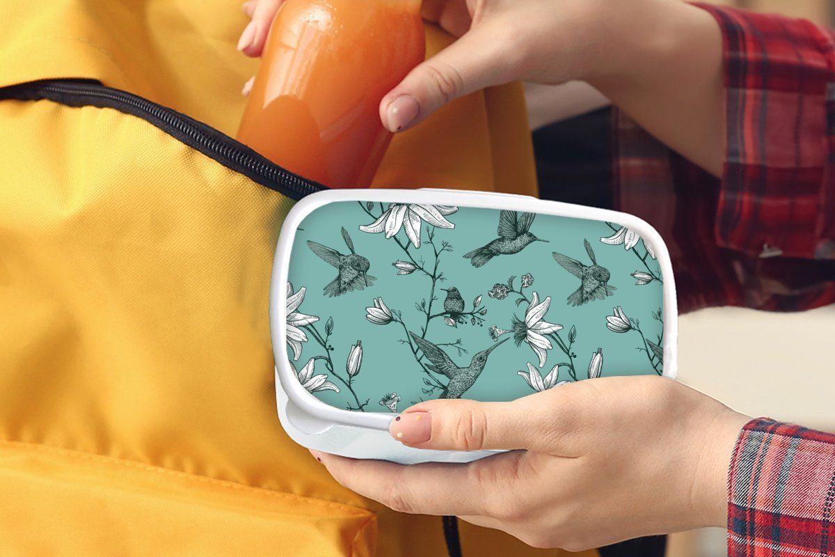 MuchoWow Lunchbox Kinder und Brotbox Jungs Erwachsene, weiß Brotdose, für - Blume, und Kunststoff, Mädchen - Muster Vogel für (2-tlg)