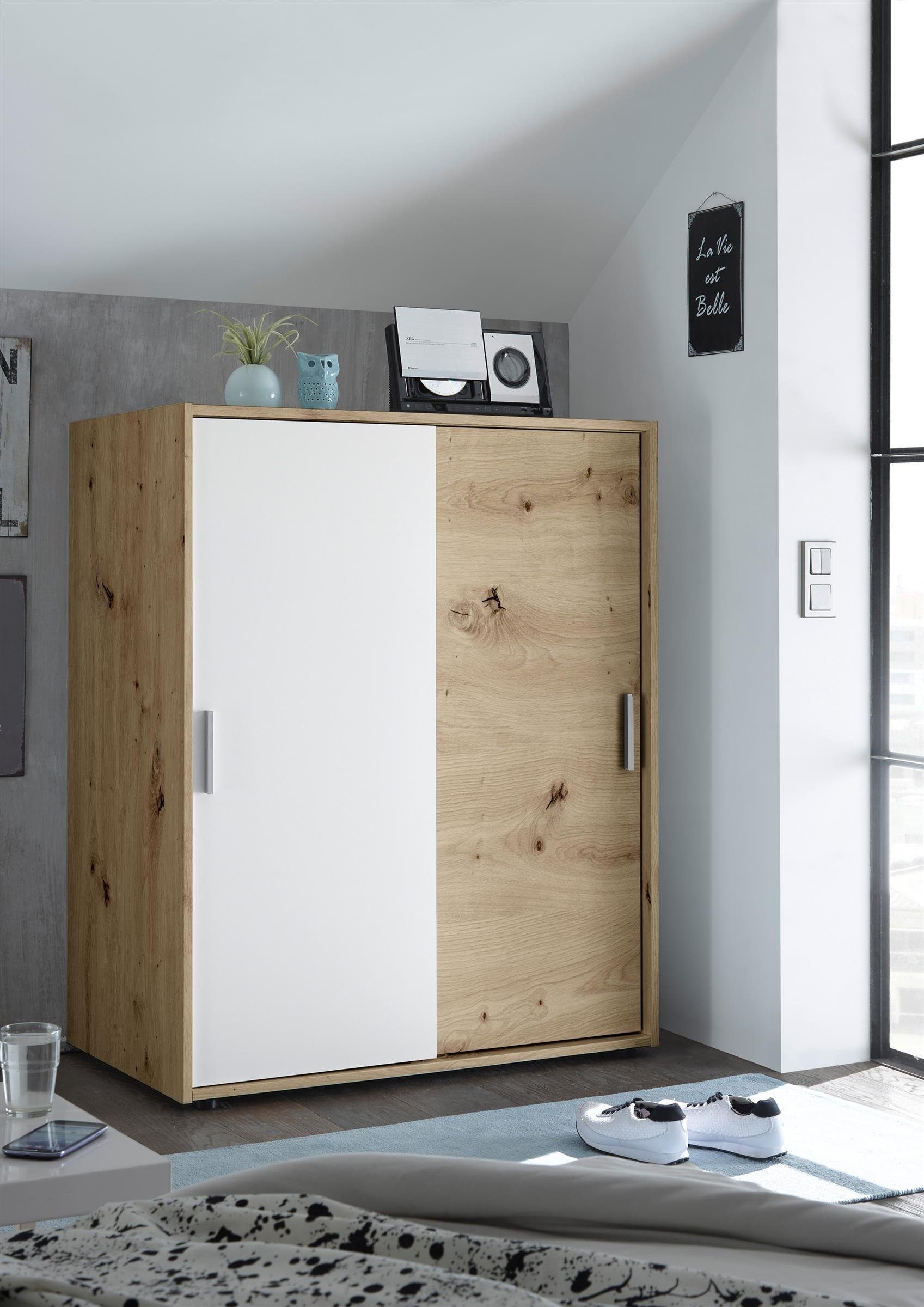 cm Holztüren Höhe Spanplatte 60 Eiche 2 Kleiderschrank 127 melaminbeschichteter Weiß Tiefe Nachbildung, Kleiderschrank mit Case Moderner Kleiderstange. cm, in möbelando und in Artisan cm, 102 Breite 1 Absetzung aus