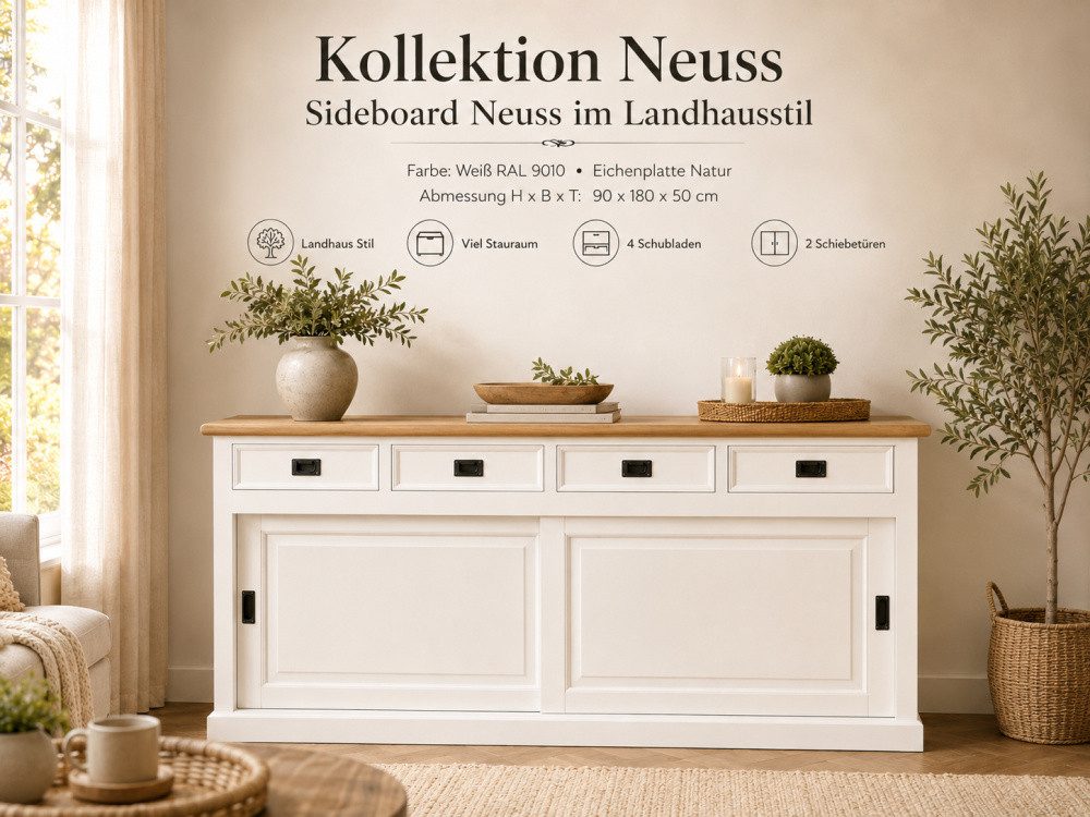 Wohnpalast Sideboard Sideboard Neuss weiss/eiche 180 cm mit Schiebetüren im Landhaus Stil