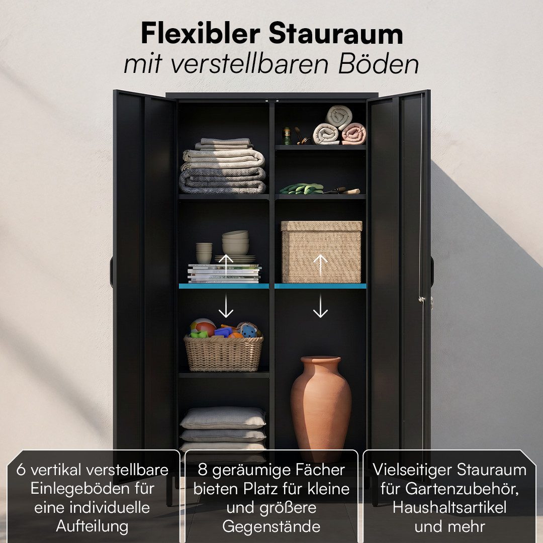 STEELSØN Geräteschrank Menkent Gerätekommode aus Metall mit Doppeltür & Schloss (schwarz, Outdoor Schrank) wetterfest & rostfrei, mit 2 Schlüsseln, mit verstellbaren Fächern