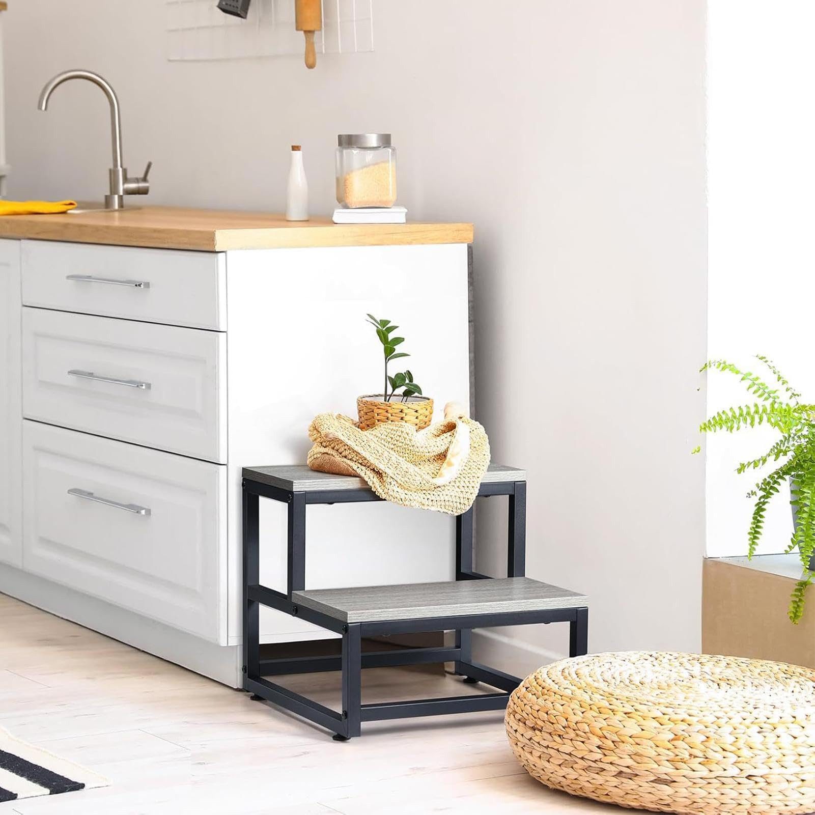 BlingBin Tritthocker Zweistufige Trittstufe aus Metallrahmen & Holzoberfläche, Trittschemel (Badezimmer Hocker, Trittleiter klein, Hocker Metallrahmen, Hocker Holzplatte, 1 St., 38 x 38 x 36 cm Trittleiter klein), Tritthocker bis 227 kg, rutschfest, für Kinder und Erwachsene, Grau