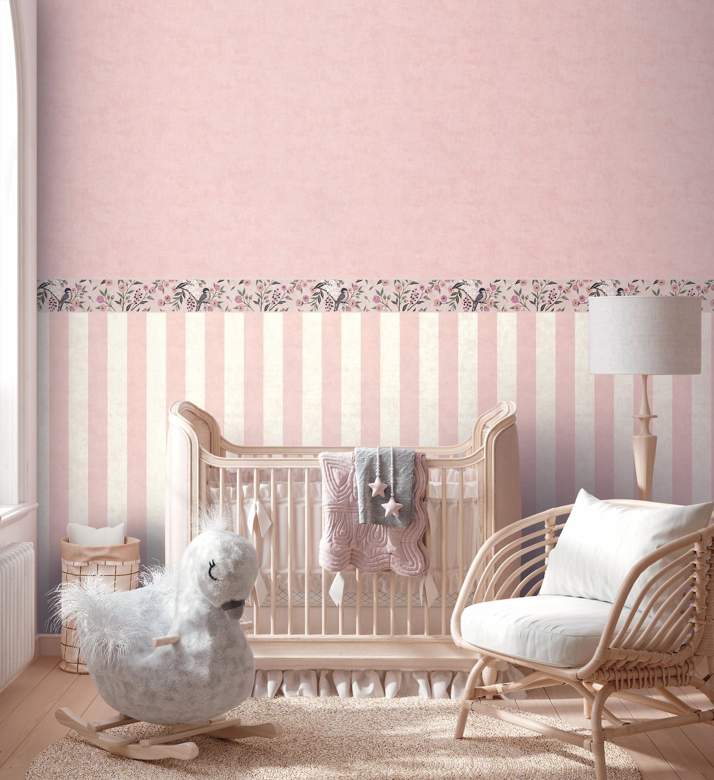 A.S. Création Bordüre Floral Blumen Blätter Vögel Rosa Grau 77137-1 Lilly + Luis AS Creation