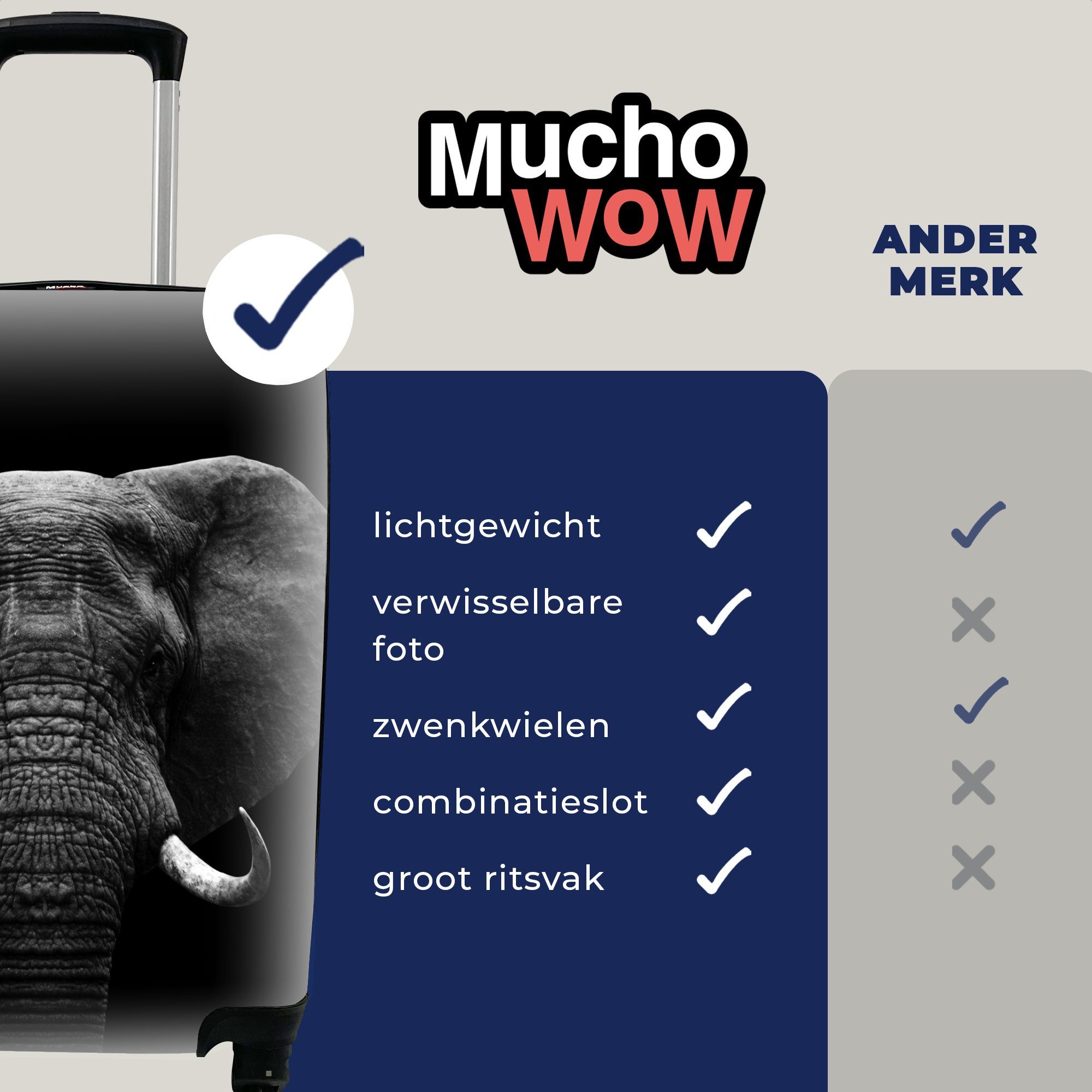 MuchoWow Handgepäckkoffer Tiere - Elefant rollen, mit - für Porträt - Ferien, Rollen, Schwarz Reisekoffer - Handgepäck Reisetasche 4 Trolley, Weiß