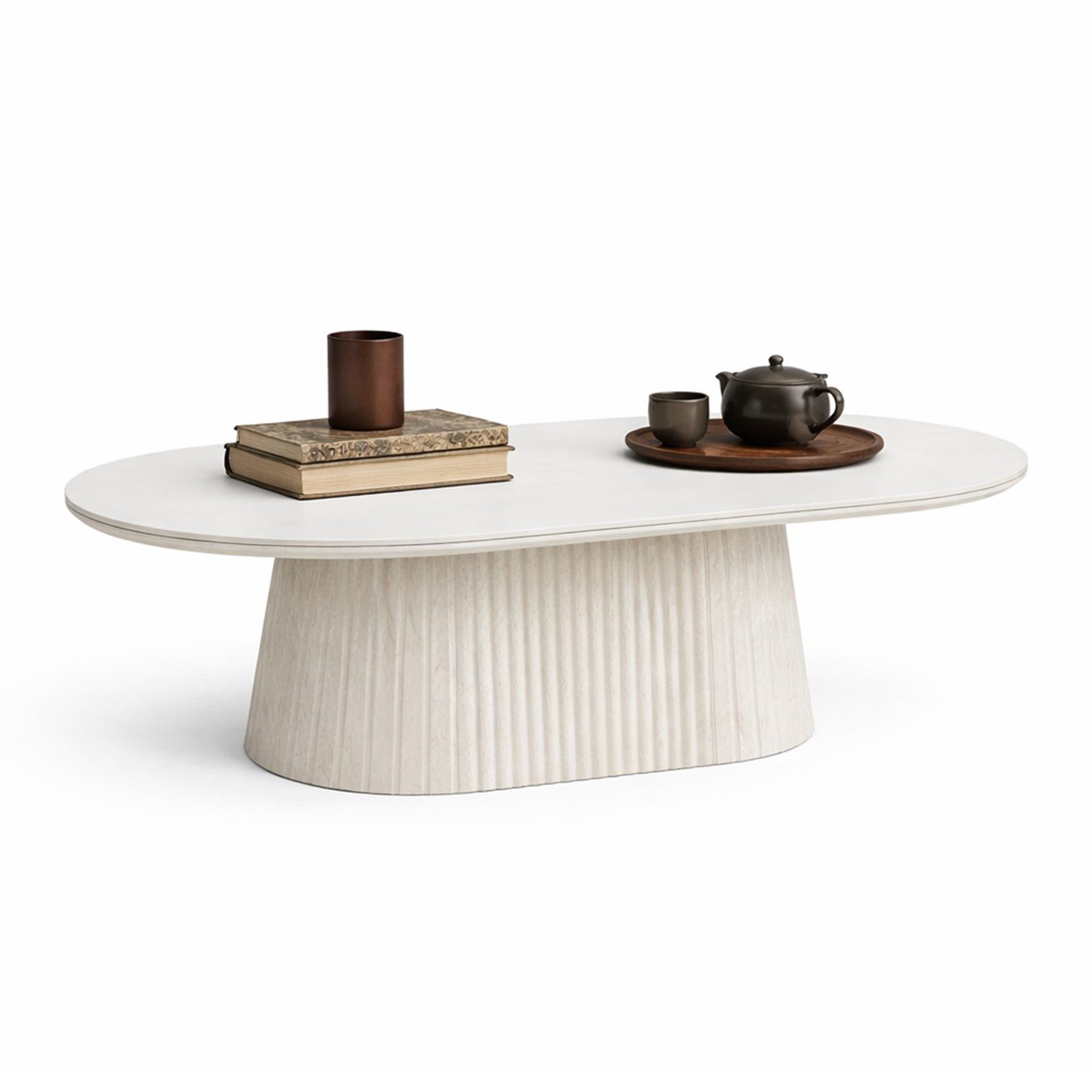 HOOZ Wohnzimmertisch Couchtisch oval modern, Säulenfuß inkl. Keramikplatte 130x70 cm Kalk (Einzelprodukt, 1× Couchtisch), Keramik-Tischplatte, verschiedene Varianten, pflegeleicht & stabil