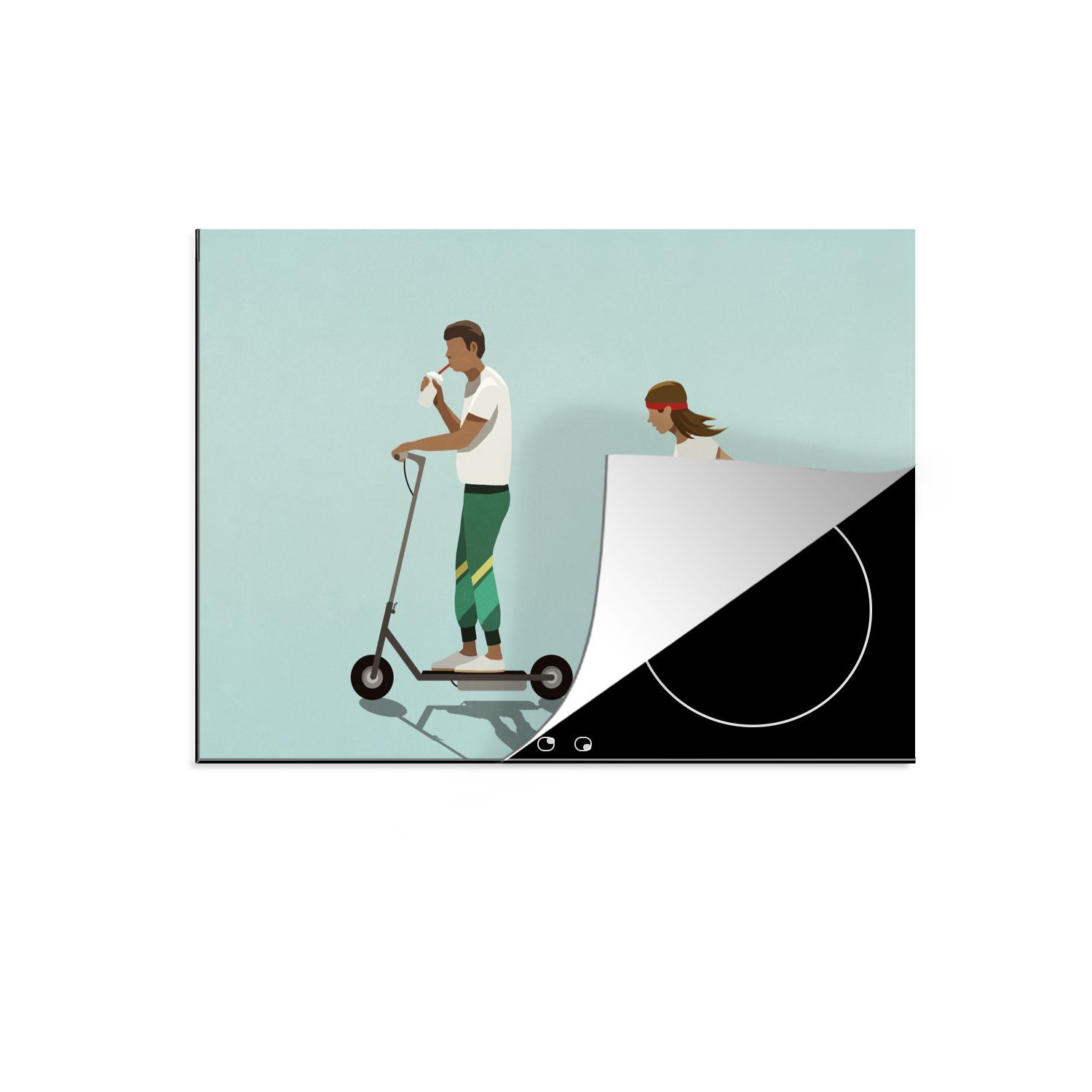 MuchoWow Herdblende-/Abdeckplatte Illustration eines Mannes auf einem Motorroller und eines Läufers, Vinyl, (1 tlg), 70x52 cm, Mobile Arbeitsfläche nutzbar, Ceranfeldabdeckung