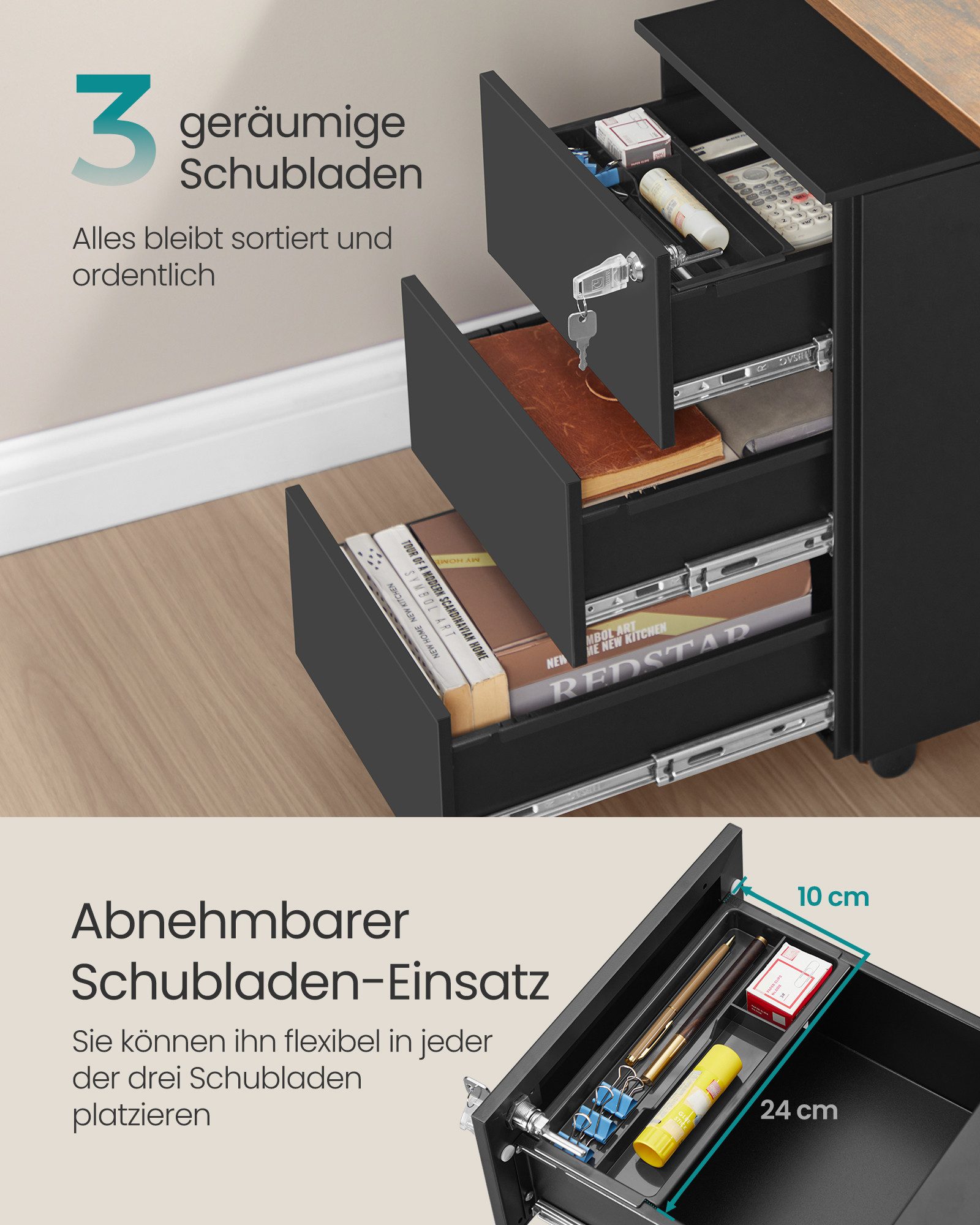SONGMICS Rollcontainer Schubladenschrank, mobiler Aktenschrank, Metallschrank, Druckertisch, abschließbar, 3/4 Schubladen