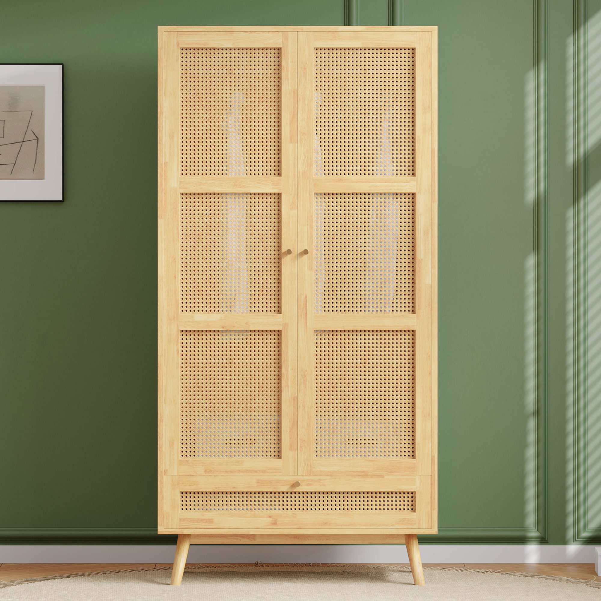 BlingBin Kleiderschrank Garderobenschrank Hängeschrank Drehtürenschrank mit Stange (Aufbewahrungsschrank mit 2 Türen und 1 Unterem Flip-Top-Deckel, Rattannetz, Rattan-Optik, 1-St., Gesamtgröße: 90x45x183cm, Tragfähigkeit: 50kg) Mehrzweckschrank für Schlafzimmer, Spanplatten+PE-Rattan, Natur