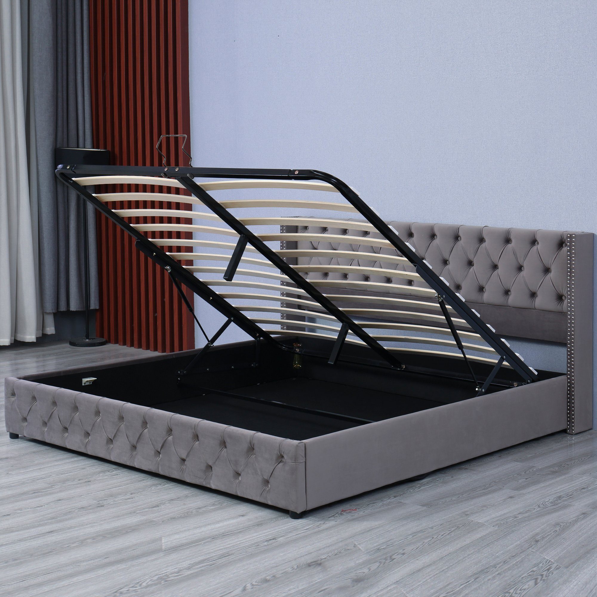 Boxspringbett, Hydraulisches Polsterbett Doppelbett mit Bettkasten und Lattenrost, 180 x 200 cm Funktionsbett, Grau Samtbezug, Gepolstertes Kopfteil, ohne Matratze