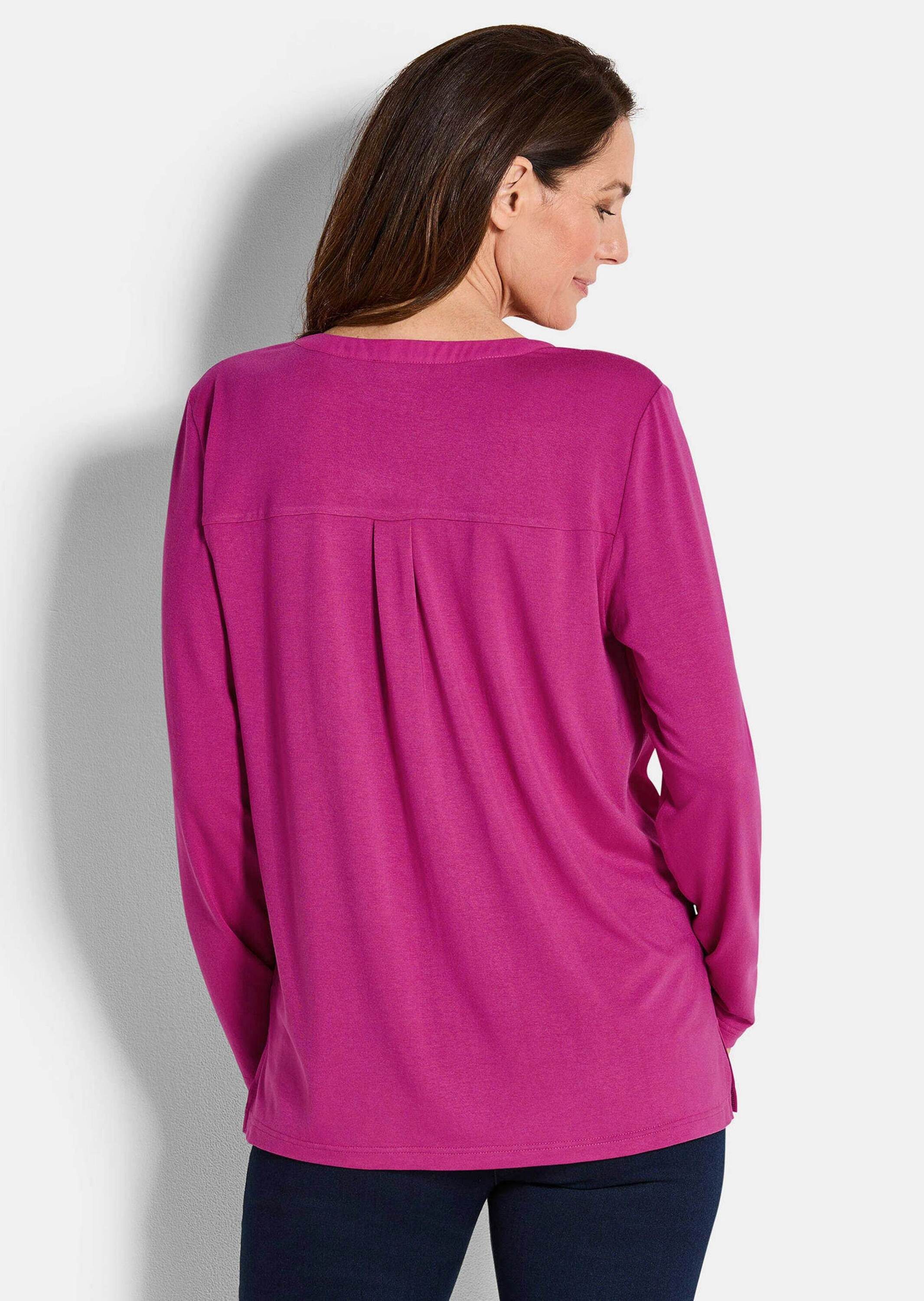 GOLDNER Shirtbluse Elegantes Chiffonshirt mit Jersey-Details Langarmshirt mit Rundhals und V-Schlitz und langen Ärmeln