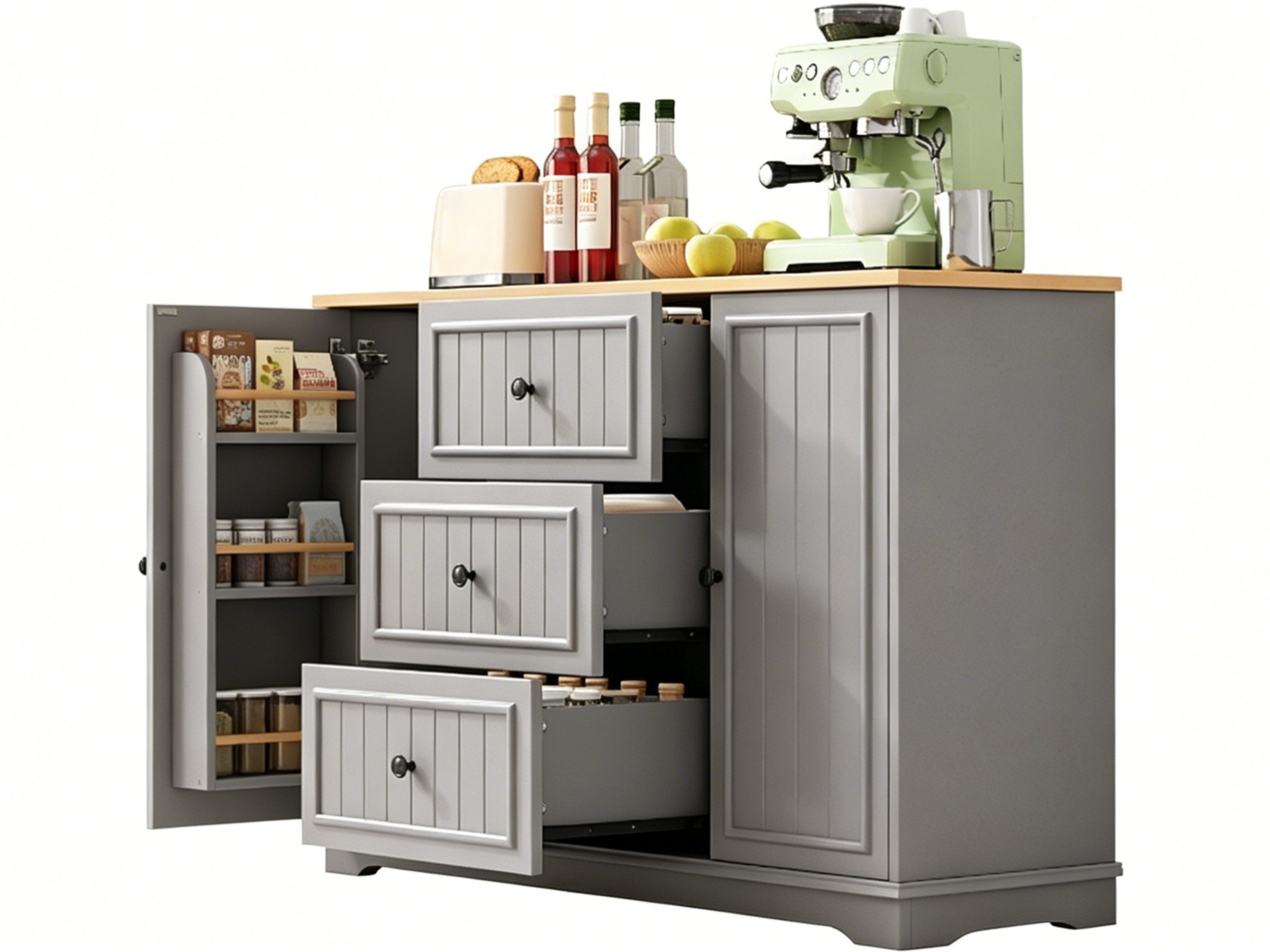 SeedWave Buffet Vielseitiges Küche Sideboard 126cm mit Schubladen & 2 Schranktüren Anrichte mit gestreiften Fronten, verstellbaren Fächern
