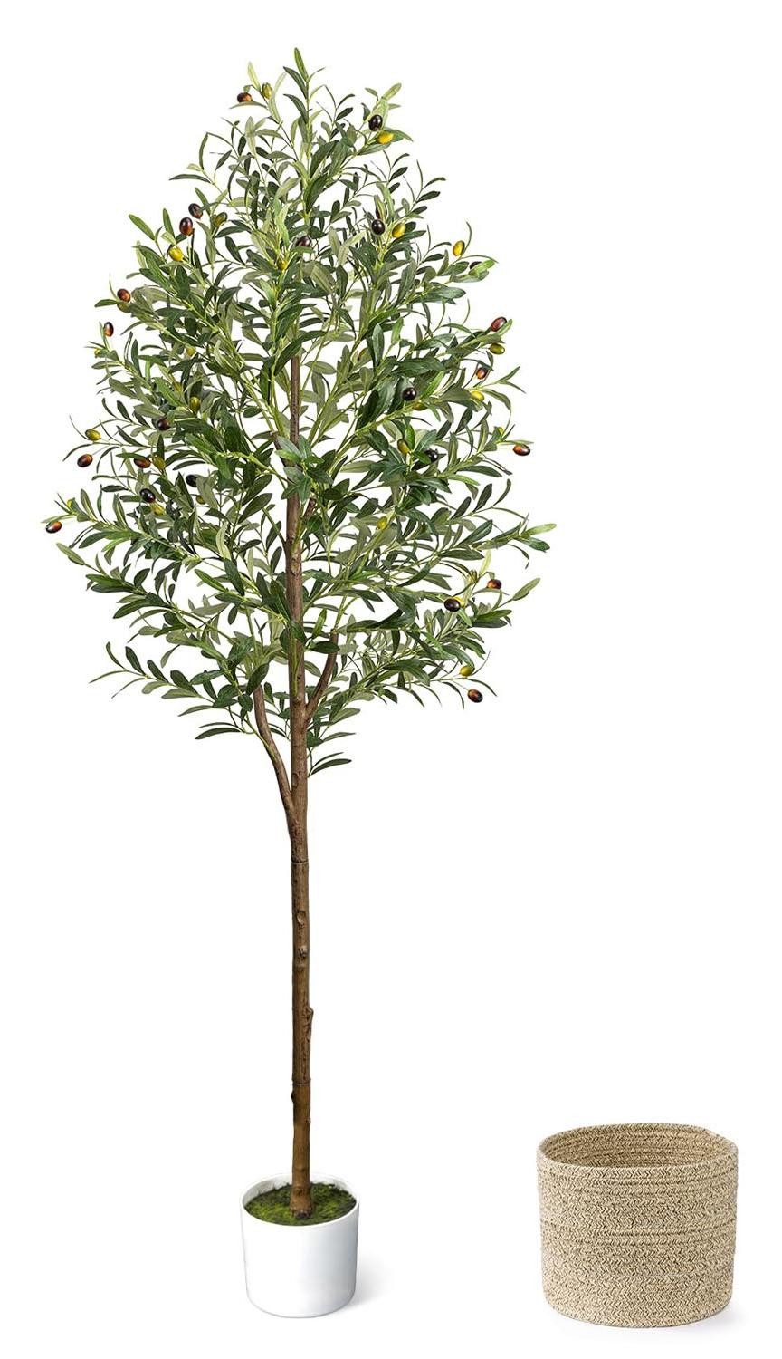 Kunstbaum 180 cm Olivenbaum Künstlich im Topf mit Korb – Kunstpflanze Olivenbaum, SURFOU, Höhe 180 cm, Formbare Zweige mit Metalldraht, dekorative Früchte, pflegeleicht