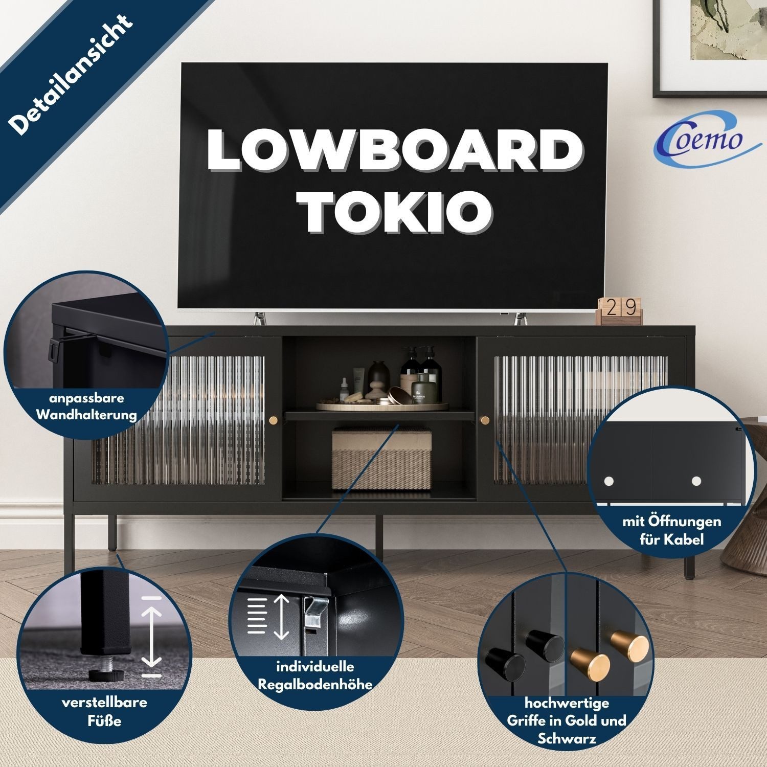 Coemo Sideboard TOKIO, Schwarz TV-Schrank Metall Glastür Lowboard Fernsehti günstig online kaufen