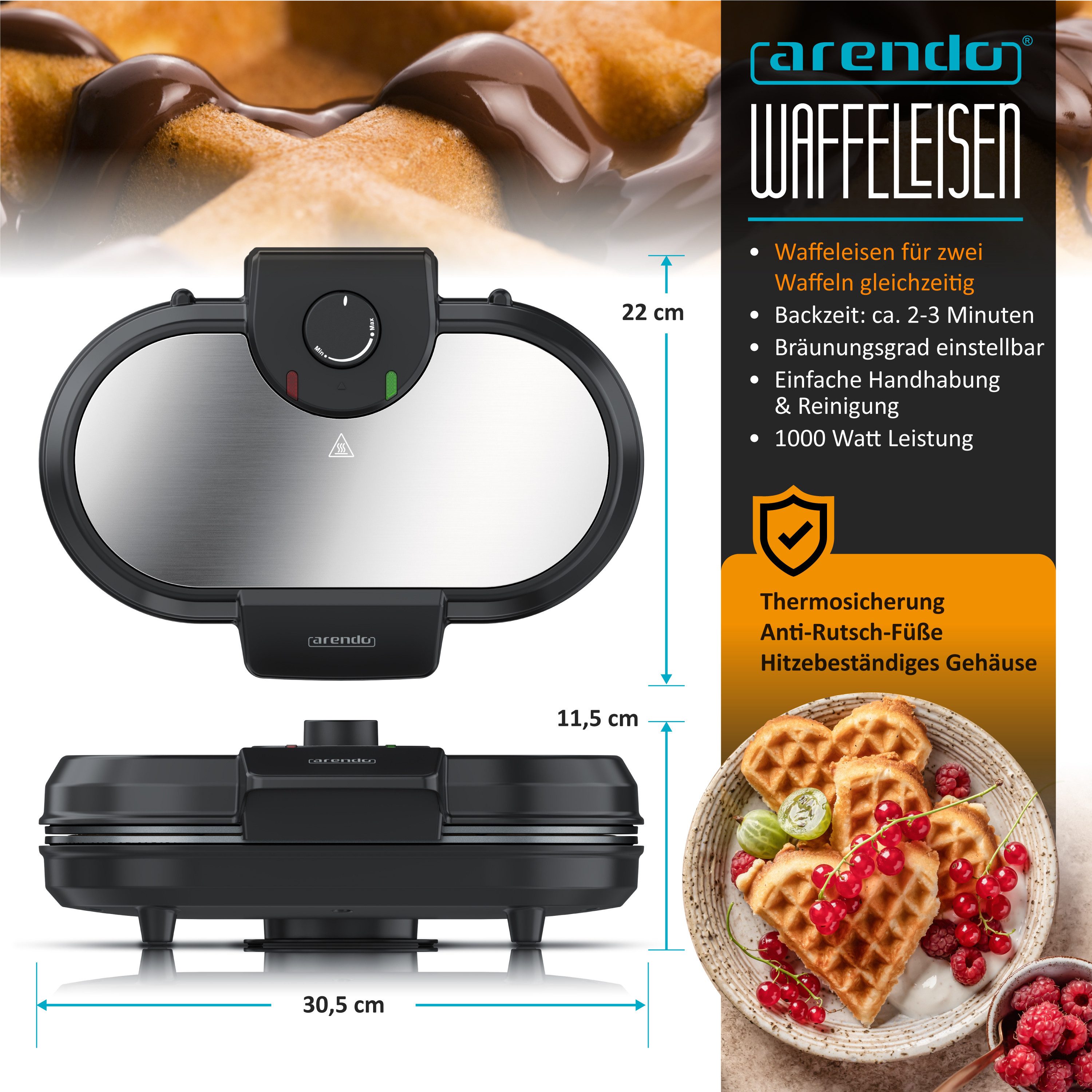 Arendo Waffeleisen Doppel Waffelautomat für 2 Herzwaffeln, Antihaftbeschichtung, Regler, 1000 W, Duo Waffel Maker, Temperaturregler, Doppelwaffeleisen, Waffelbackgerät