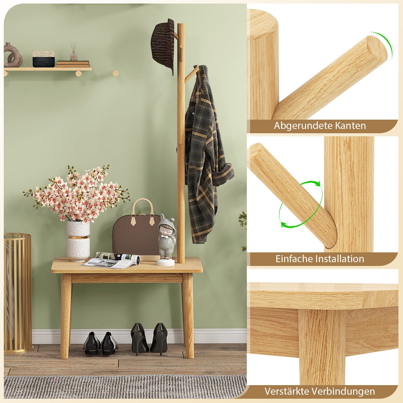 COSTWAY Kleiderständer, 3 in 1, mit Schuhbank & 3 Haken, Massivholz, 168cm