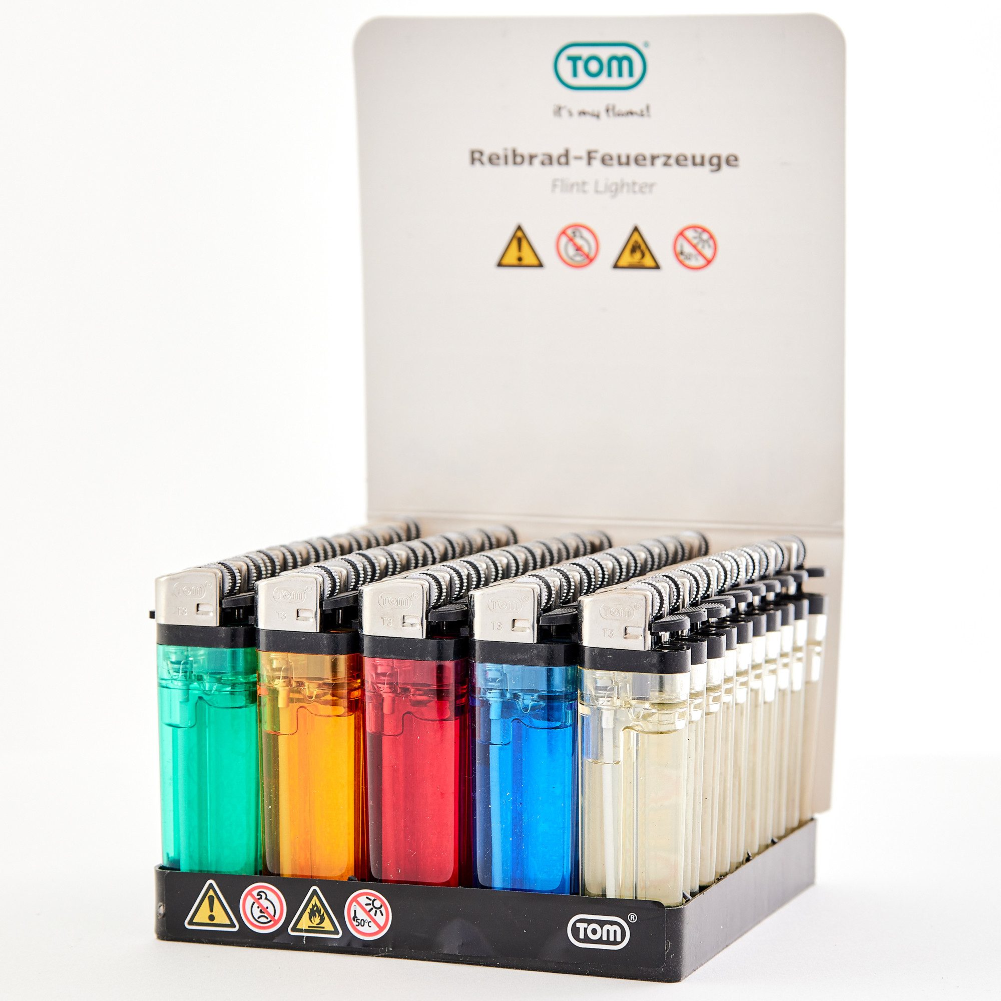 TOM Feuerzeuge Display Set Reibrad (50-St), 5 Farben, Flammeregulierung, Soft Flame