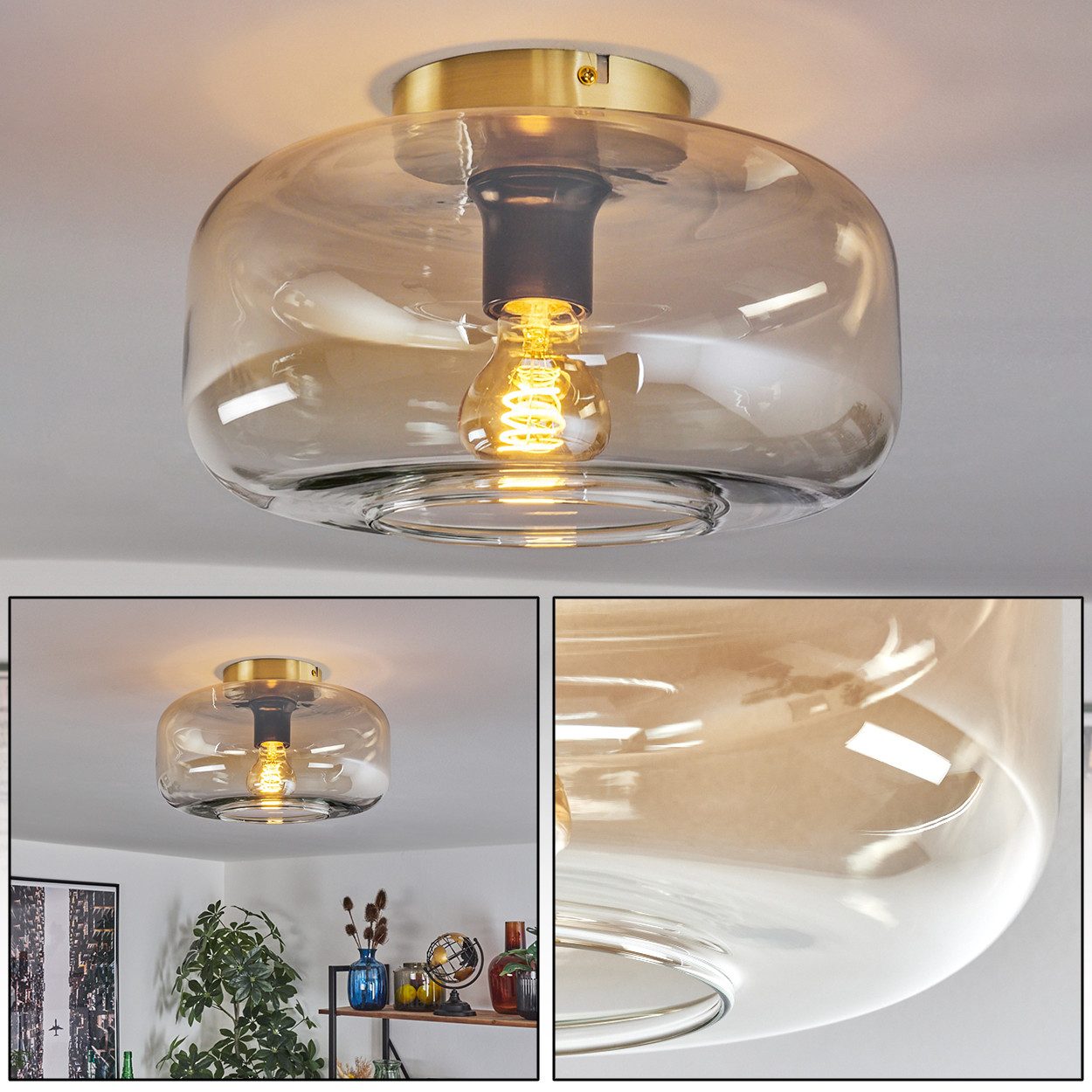 hofstein Deckenleuchte Deckenlampe aus Metall/Glas in Messingfarben/Bernste günstig online kaufen