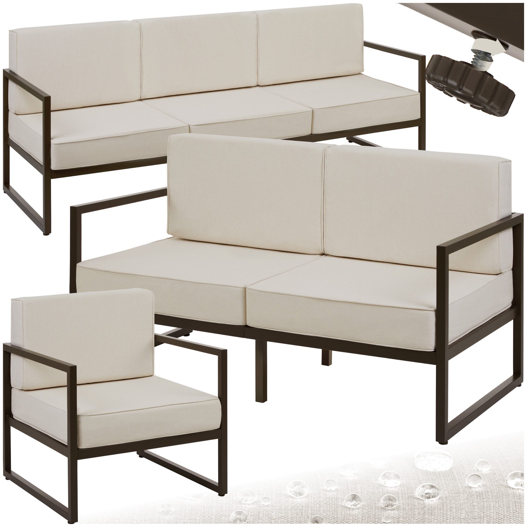 tectake Essgruppe Garten-Loungeset für 6 Personen, höhenverstellbare Füße, (Gartensofa Comosa, 3-tlg., in braun/beige), Dicke Sitzpolster, wasserabweisende, abnehmbare Polyesterbezüge