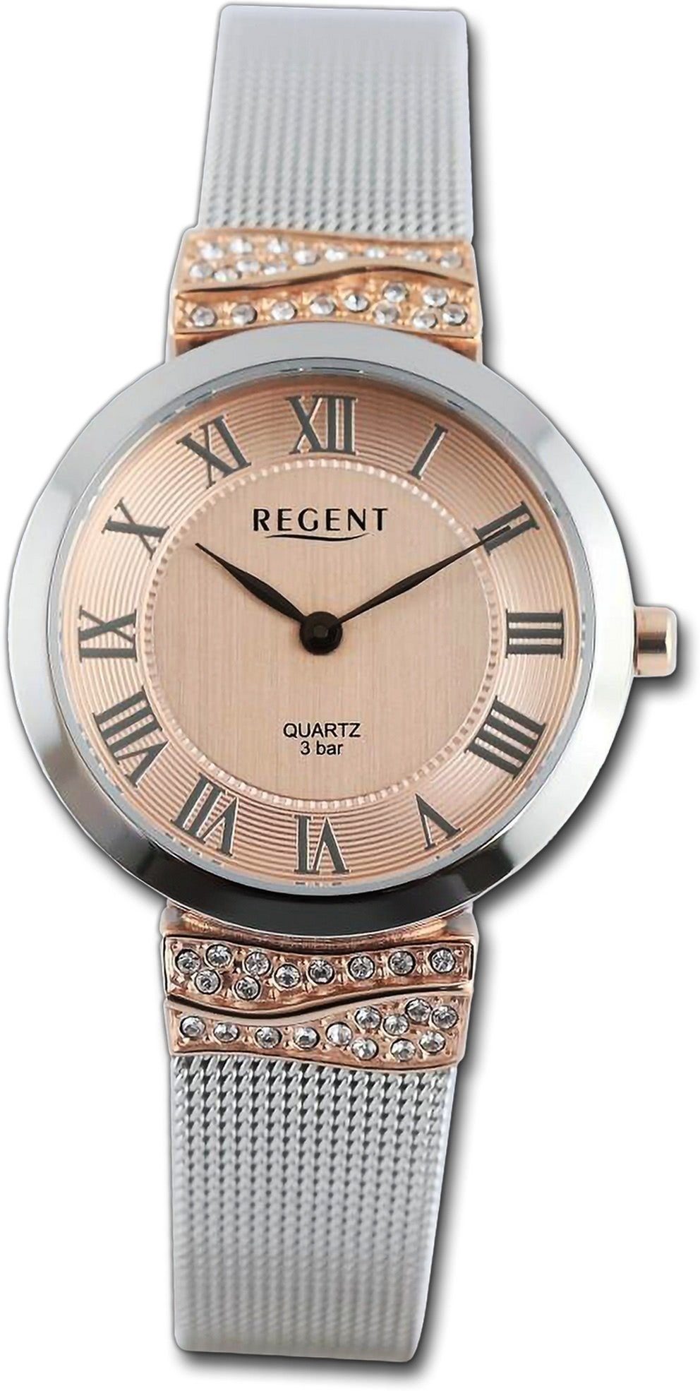 Regent Quarzuhr Regent Damen Armbanduhr Analog, (Analoguhr), Damenuhr Metallarmband silber, rosegold, rundes Gehäuse, groß (30mm)