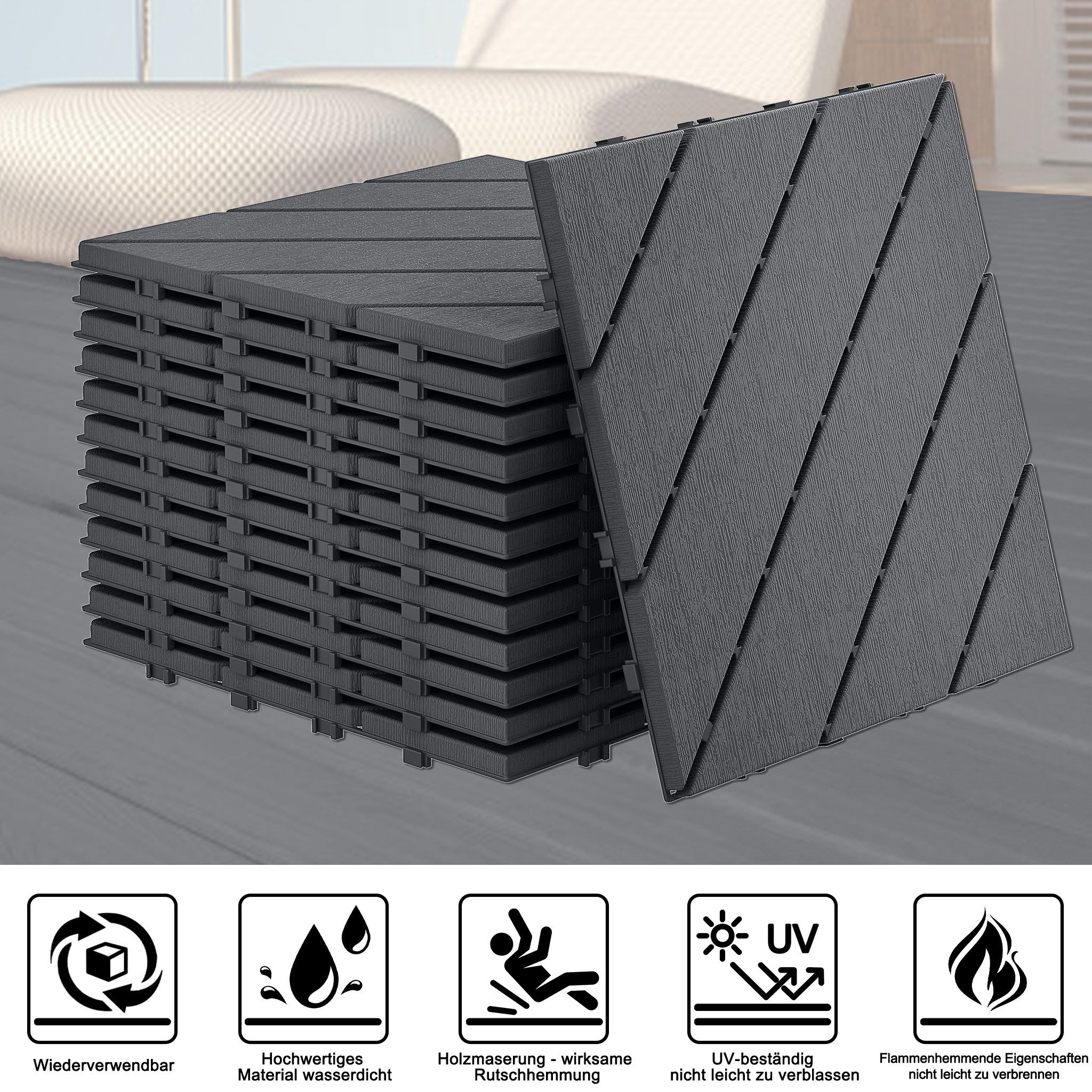 FIVMEN Terrassendielen Fliesen Klickfliesen Bodenbelag 30x30cm, Anthrazit/Braun(Typ B), (33-St), in Holzoptik für Terrassen, Gärten, Schwimmbäder – Bild 3 von 5