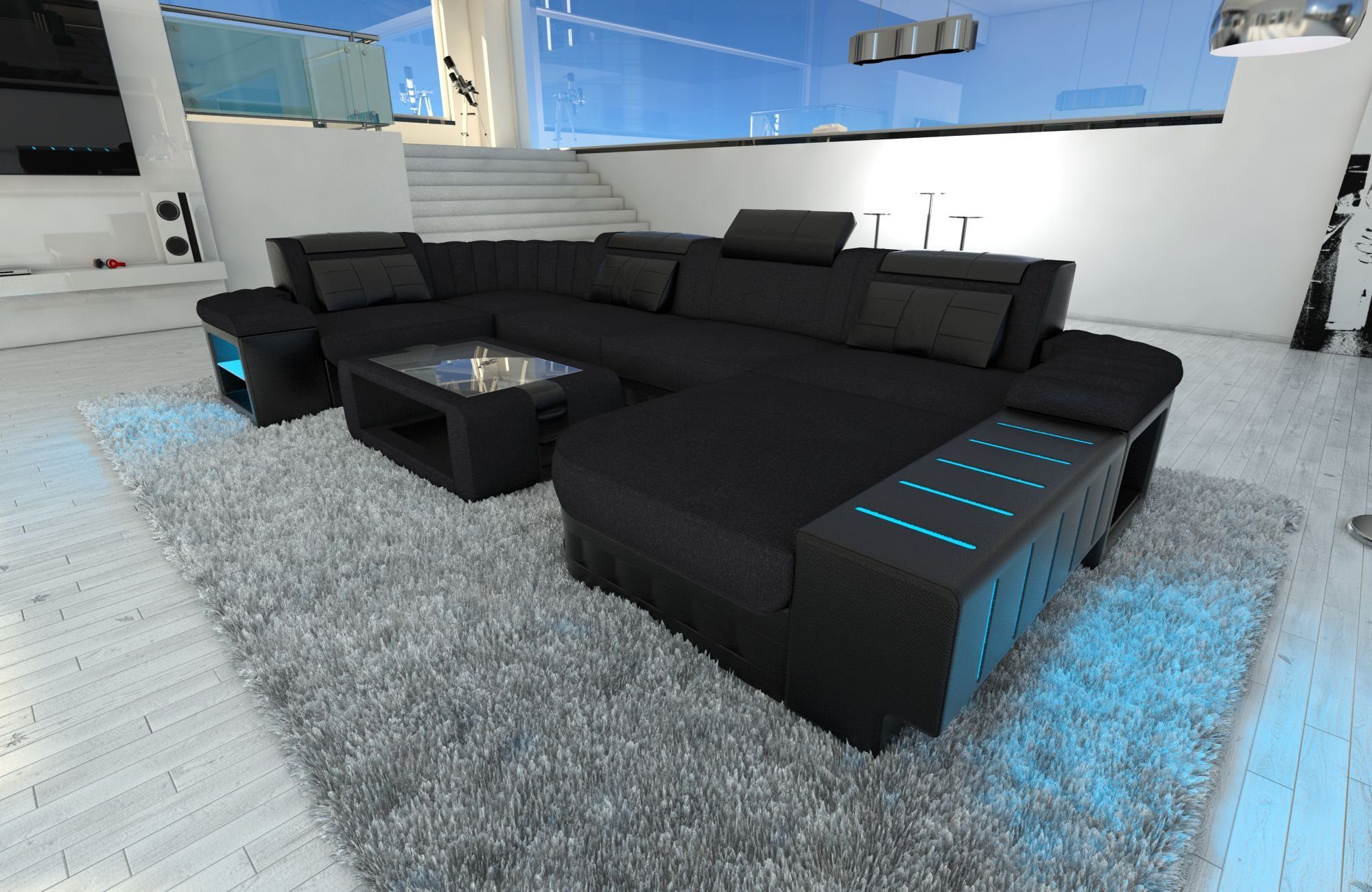 Sofa Dreams Wohnlandschaft Polster Stoffsofa Bellagio U Form Stoff Sofa Couch, mit LED, wahlweise mit Bettfunktion als Schlafsofa, Designersofa C33 Schwarz-Schwarz