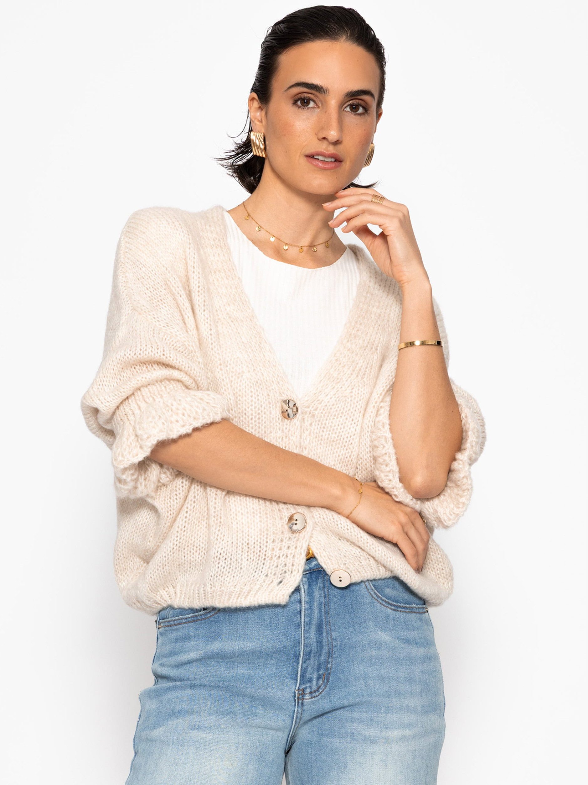 SASSYCLASSY Cardigan Strickjacke mit 3/4 Ärmeln für Damen Locker geschnittener Cardigan aus Strick in Schwarz – Bild 5 von 5