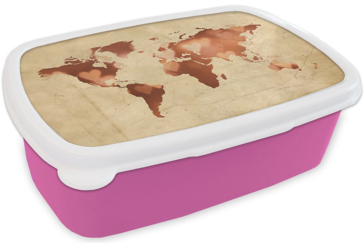 MuchoWow Lunchbox Weltkarte - Marmor Brotdose Kunststoff, für Kinder, Snackbox, Kunststoff rosa (2-tlg), Erwachsene, Mädchen, - Herz, Brotbox