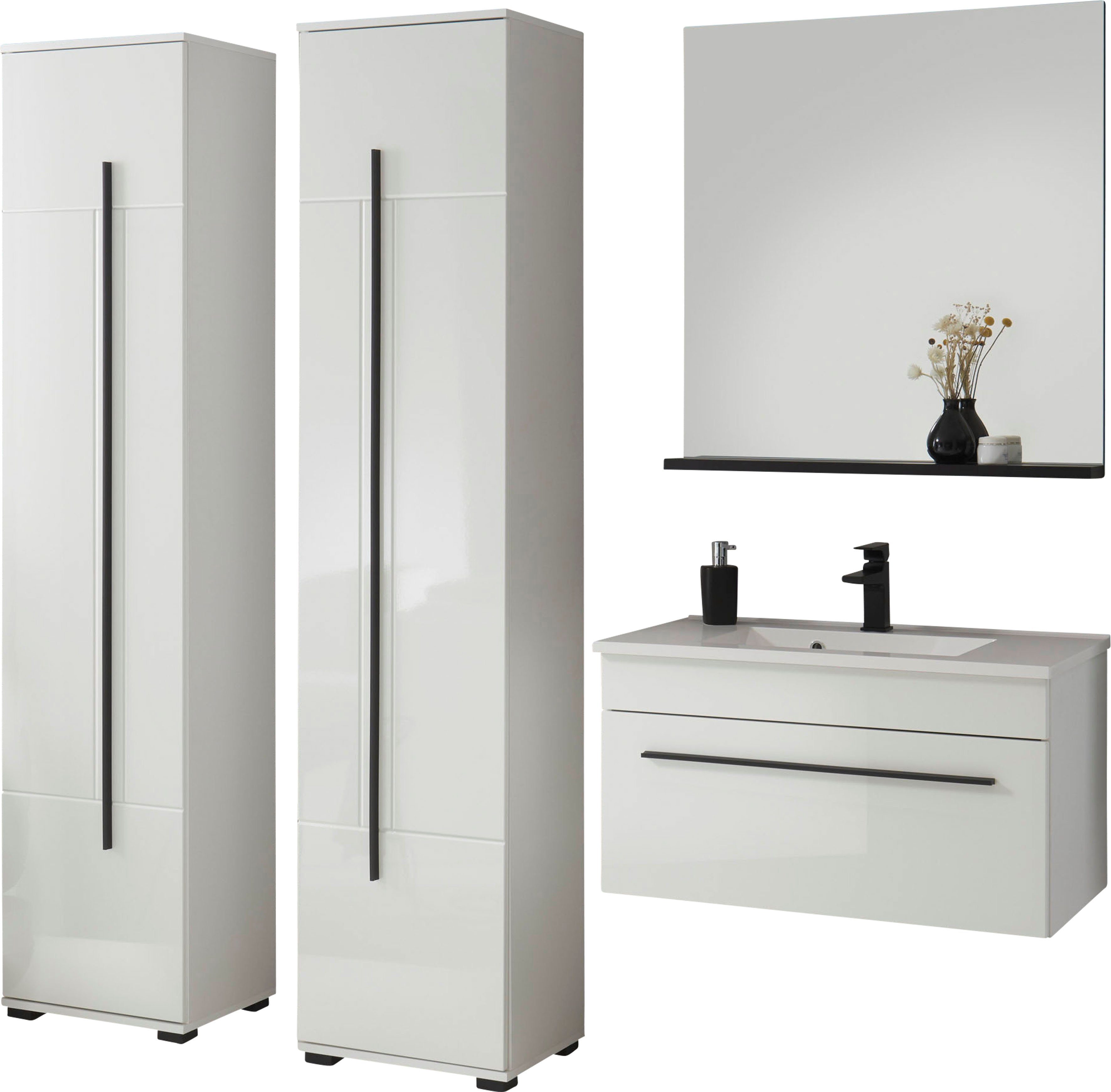 Home affaire Badmöbel-Set Cantara, Bad im modernen Design, 4-teiliges Badezimmer, (Set, 4-St), Waschtisch, Schränke und Spiegel, in Weiß Hochglanz, viel Stauraum