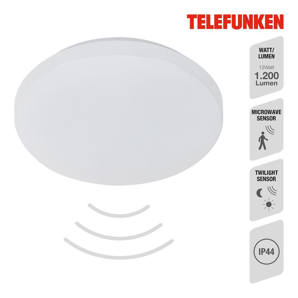 Telefunken LED Deckenleuchte 601506TF, Leuchtdauer einstellbar, LED fest integriert, 2700K - Extra-Warmweiß, Deckenleuchte Sensor 12W 1200lm 4000K Ø 29cm