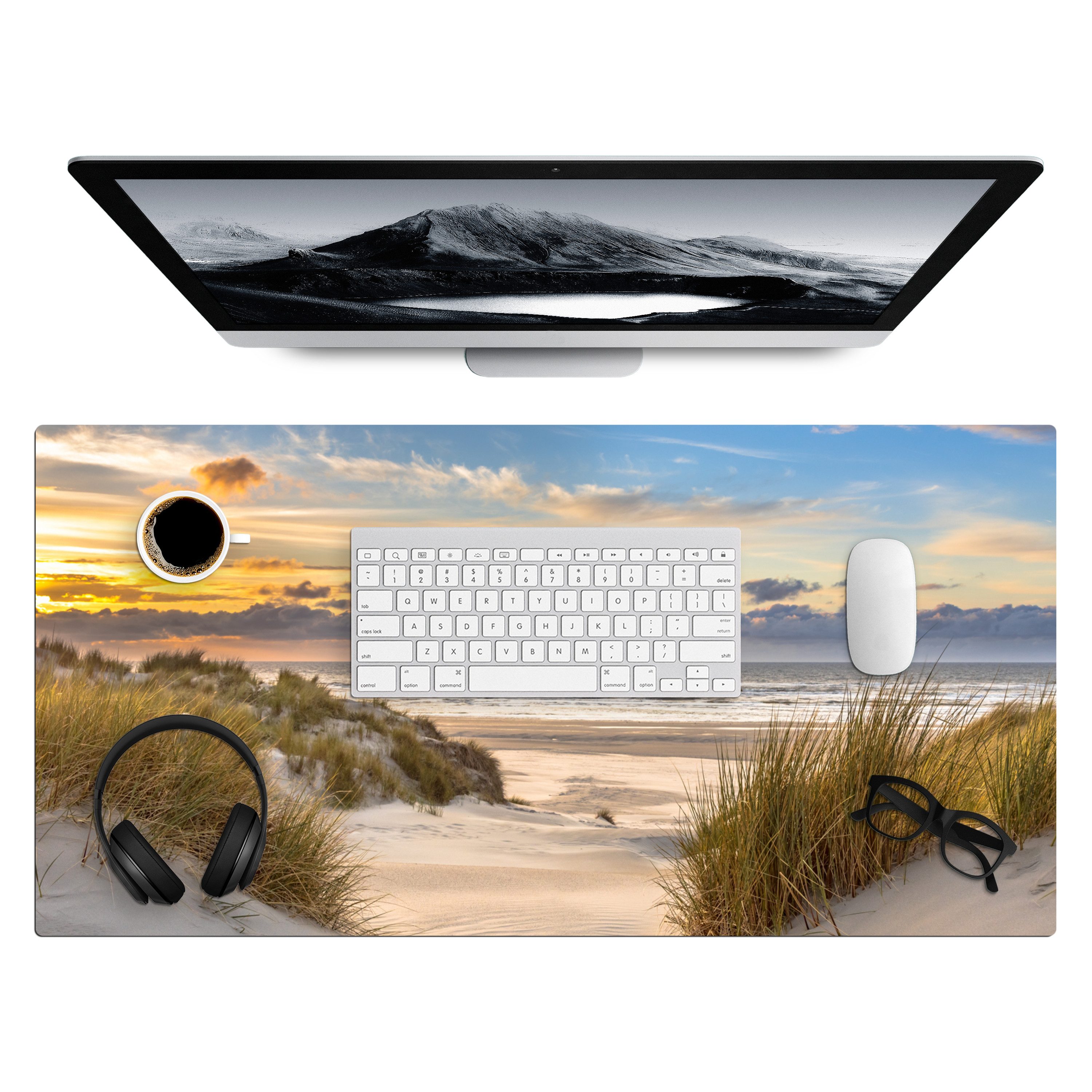 MuchoWow Gaming Mauspad Strand - Düne - Gras - Sonnenuntergang - Meer (1-St), Gaming Mauspad XXL, Schreibtischunterlage, Desk Mat Groß, 80x40 cm