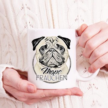 Cadouri Tasse MOPS FRAUCHEN - Kaffeetasse für Hundefreunde, Keramik, mit Hunderasse, beidseitig bedruckt, handgefertigt, Geschenk, 330 ml