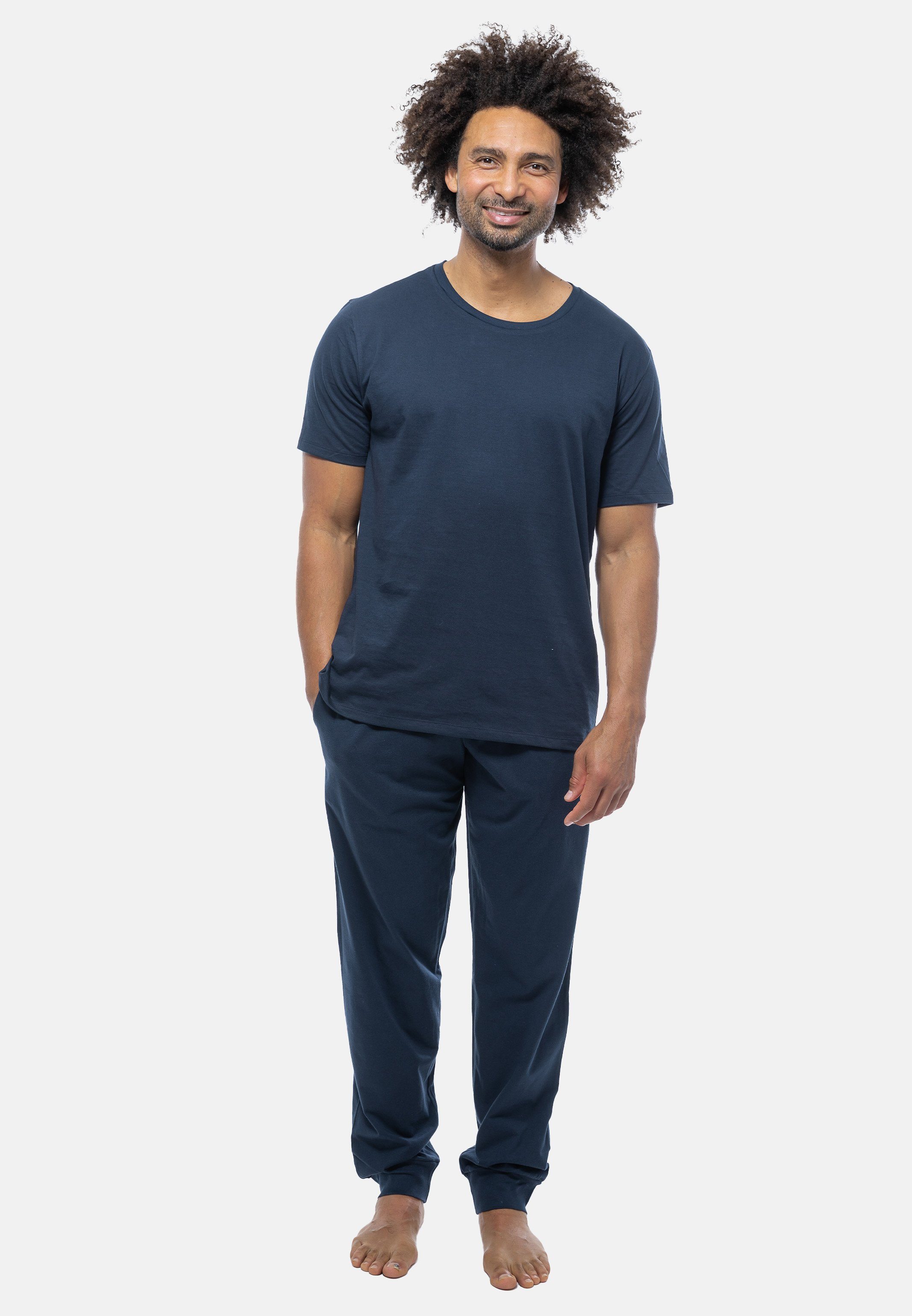 Schiesser Pyjama Mix (Set, 2 tlg) Schlafanzug - Baumwolle - Kurzarm-Shirt mit Rundhals-Ausschnitt Dunkelblau