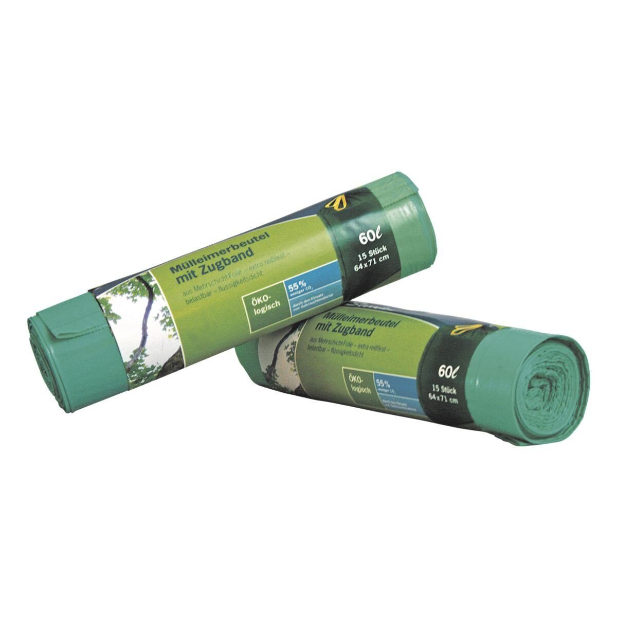 Liter, Zugband, Recycling-Material 100% 15 SECOLAN mit Stück/Rolle, grün, Müllbeutel, 60