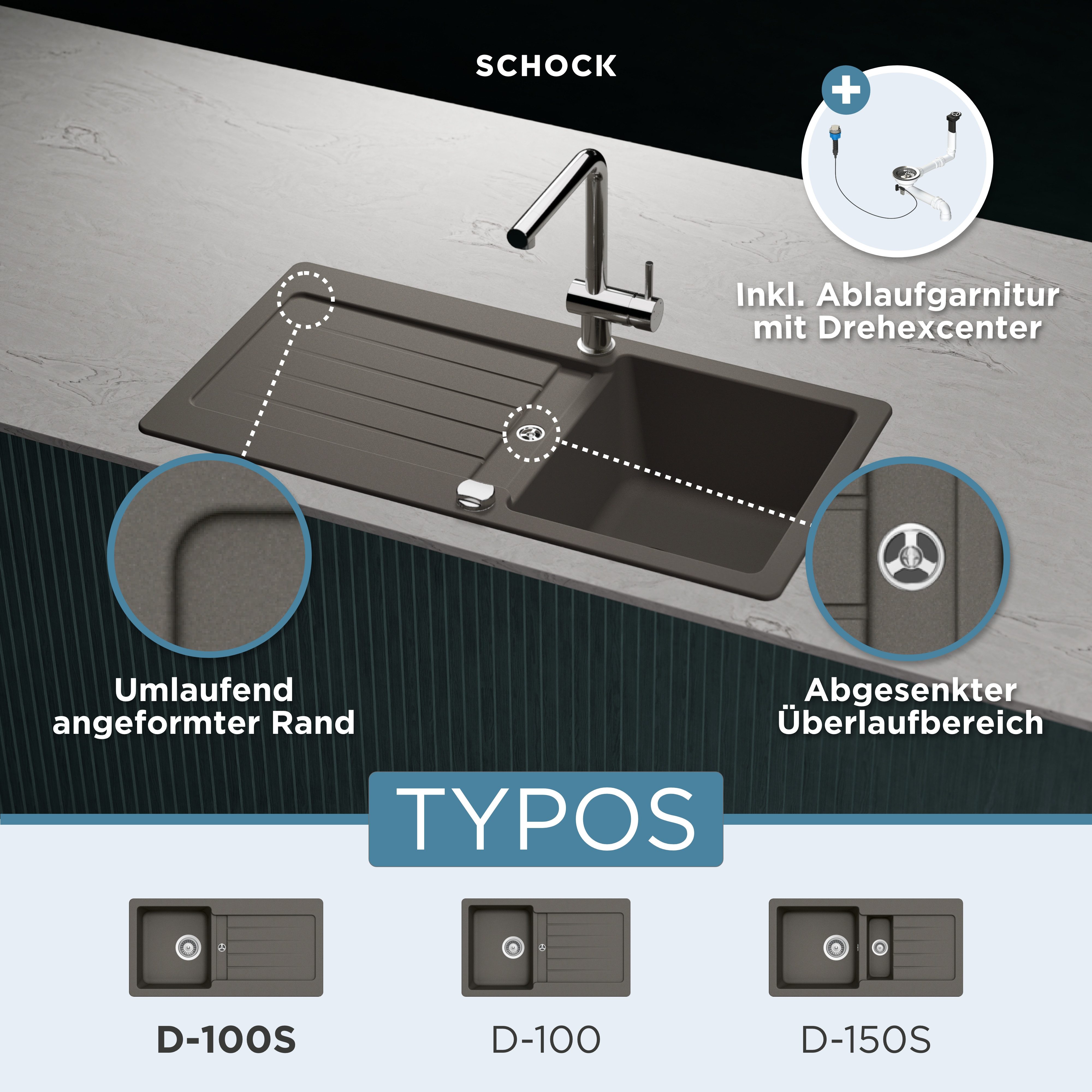 Schock Granitspüle Typos D-100 S, rechteckig, 86/43,5 cm, mit Ablauf und Abtropffläche, links und rechts einbaubar