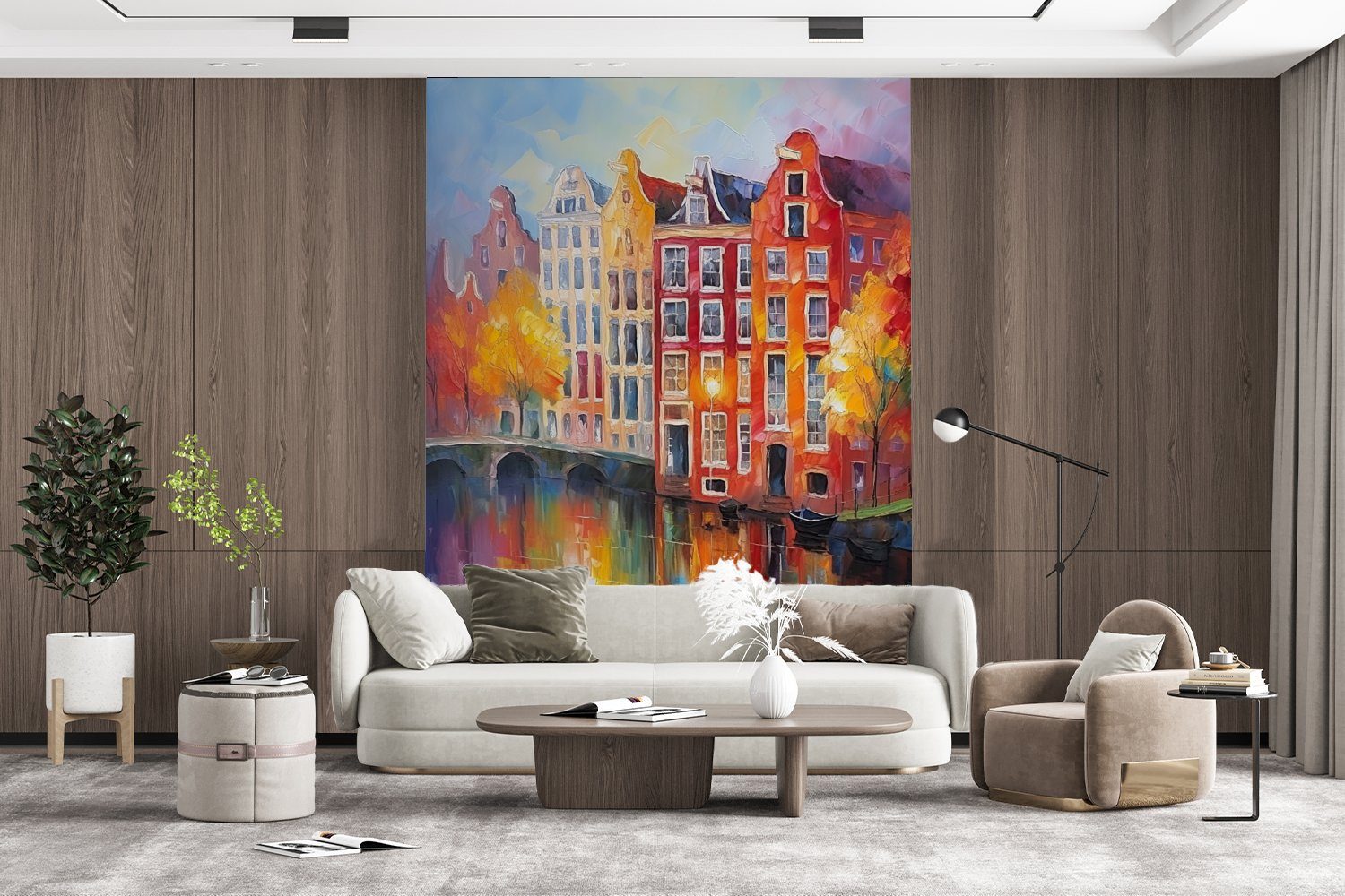 für Fototapete Vinyl - Amsterdam, Kunst bedruckt, Montagefertig Wandtapete Tapete - Grachtenhäuser (4 Malerei MuchoWow Wohnzimmer, - Matt, St),