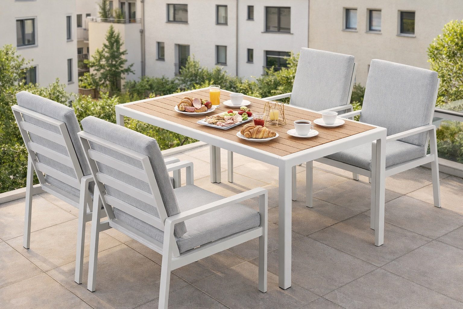 MeXo Gartenlounge-Set Lounge Gartenmöbelset Aluminium Wetterfest, (Garten Essgruppe für 4 Personen, 5-tlg., 4 Sessel, Esstisch 140x80x70 cm), 85 cm Rückenlehne, hoher Sitzkomfort