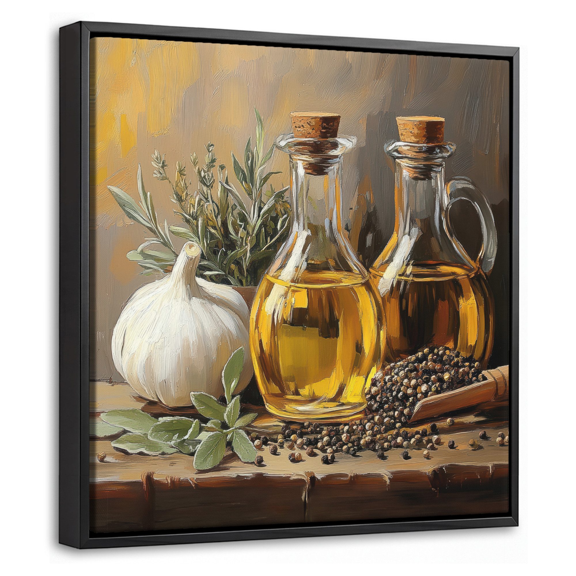 OneMillionCanvasses® Leinwandbild mit Rahmen - Stilleben - Olivenöl - Knoblauch - Kräuter, Fotodruck (1 St), Leinwand Bilder Klein, Wand Dekoration Aesthetic 20x20cm