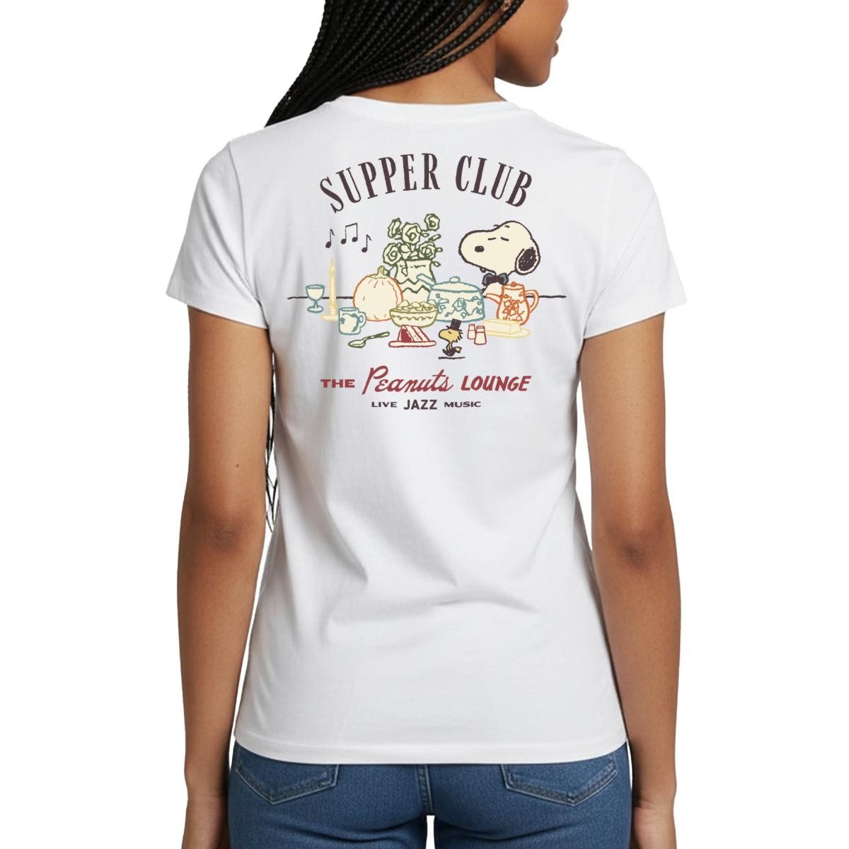 Spreadshirt T-Shirt Snoopy Supper Club The Peanuts Lounge Frauen T-Shirt (1-tlg) Slim Fit, fällt klein aus