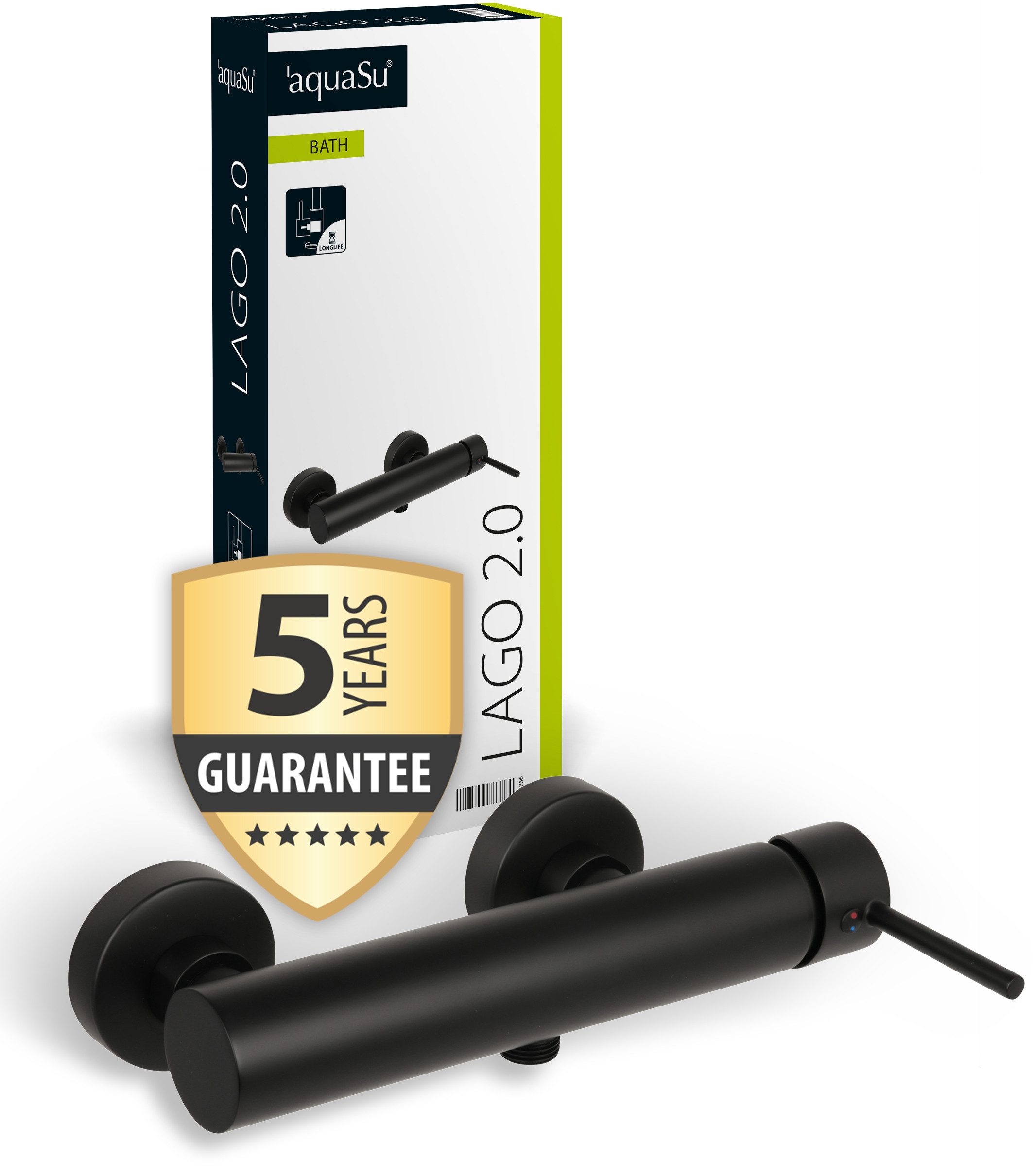 aquaSu Duscharmatur Lago 2.0 Schwarz, Stickgriff, Wassersparfunktion, Keramikkartusche