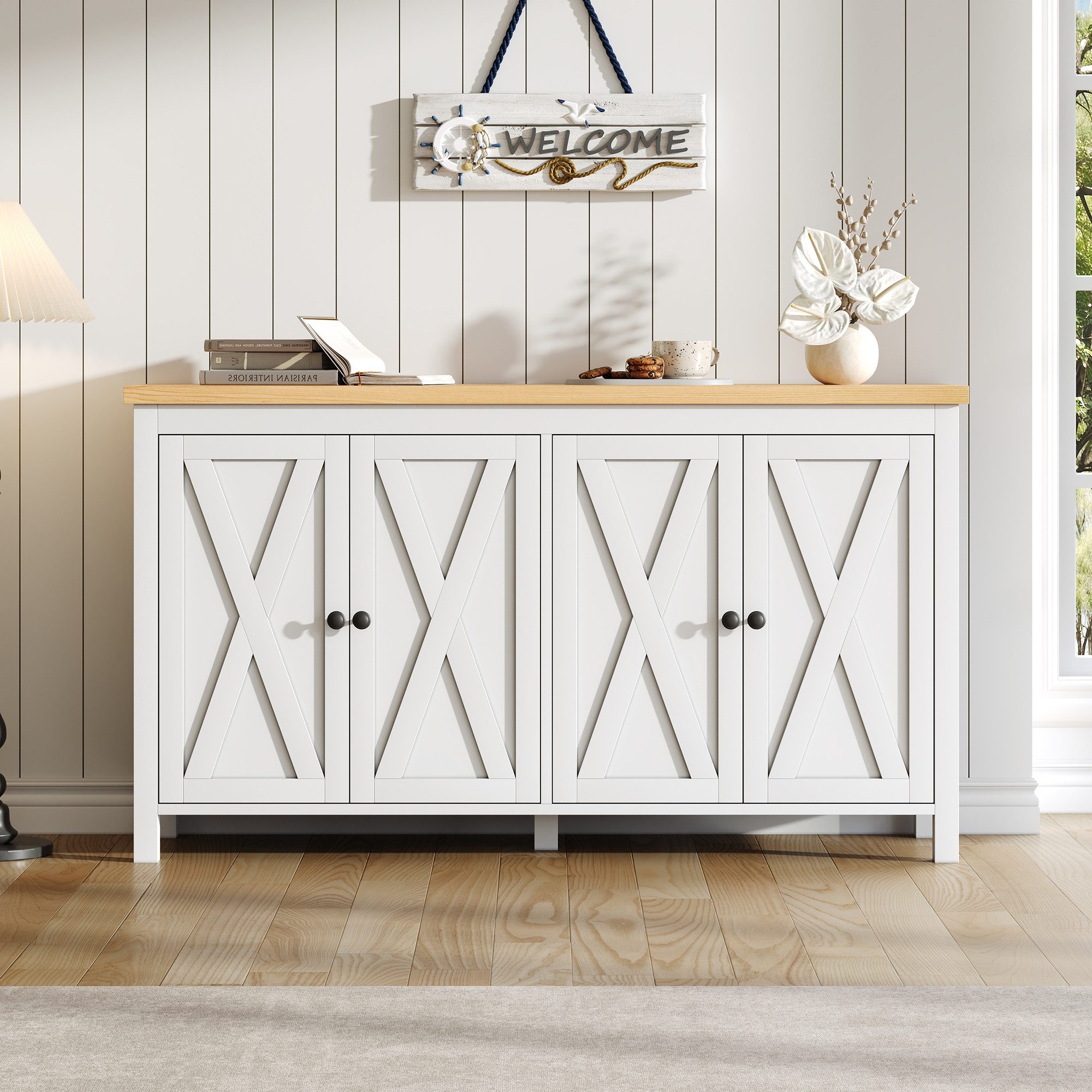 Merax Sideboard im skandinavischen Stil (1 St., Aufbewahrungsschrank 140×40×78 cm), Kommode mit 4 Türen, verstellbaren Einlegeböden & Stauraum