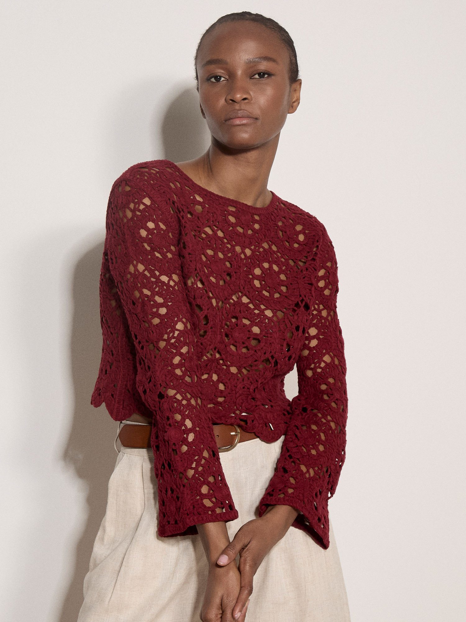 Apricot Spitzenshirt Boho-Häkeloberteil mit Blumenmuster Häkelverzierungen