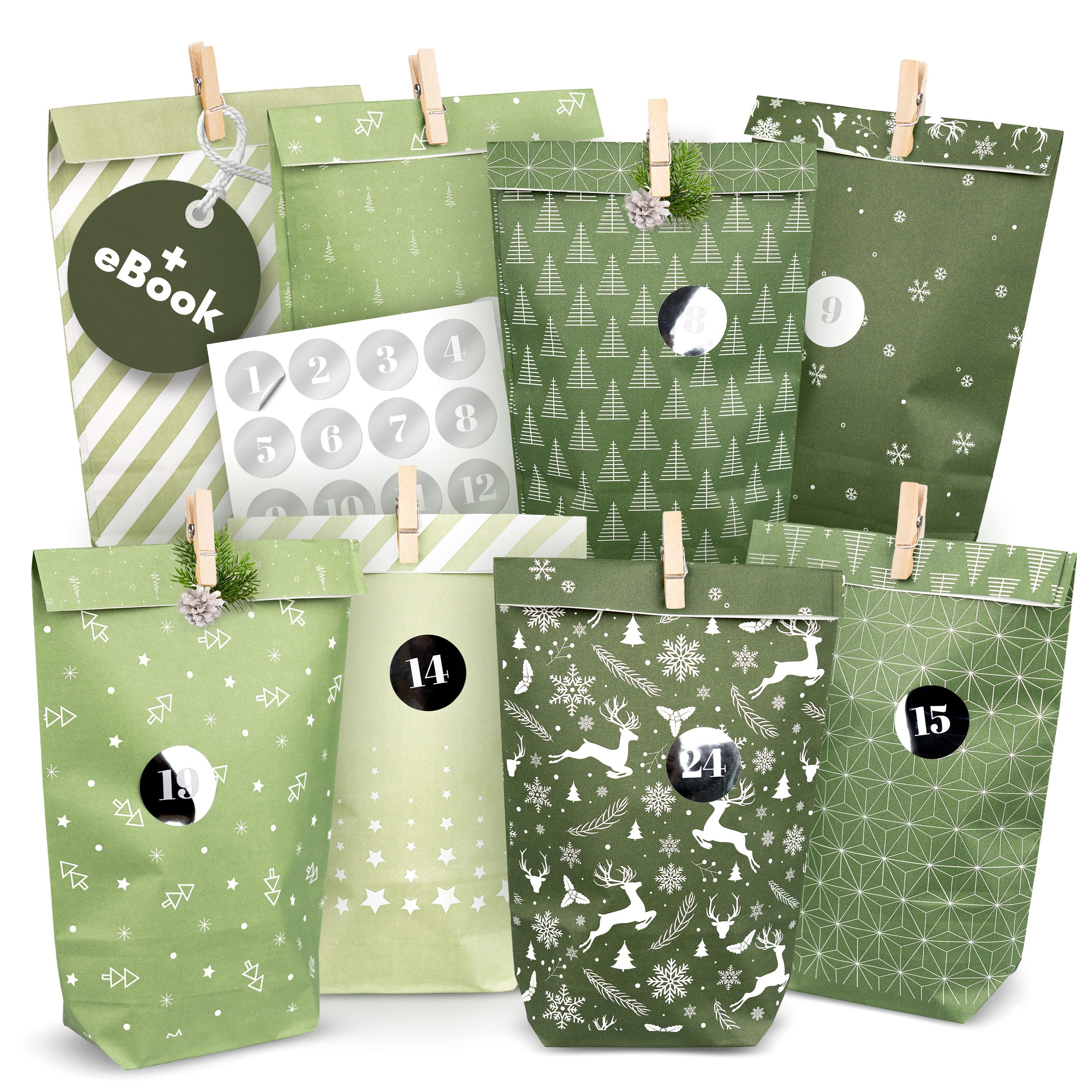 Amari befüllbarer Adventskalender Adventskalender zum Befüllen 2026, 24 Papiertüten 14×22 cm mit Zahlen (DIY Set, 72-tlg), Designs für Kinder & Erwachsene, wiederverwendbar, Ideen zum Befüllen