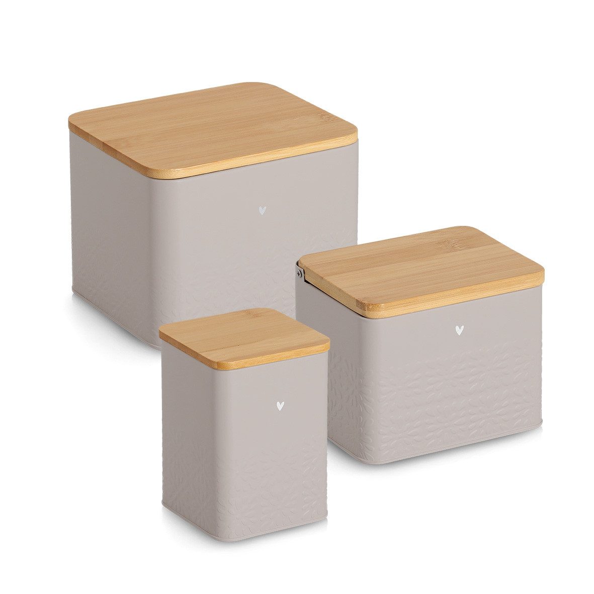 Zeller Present Vorratsdose Dosen mit Bambusdeckel, 3tlg., "Heart", Metall, (Set, 3-tlg), 9,5x9,5x13,5 (950 ml), 14x11x11,2 (1200 ml), 18x15,7x14,5 (3000 ml) cm