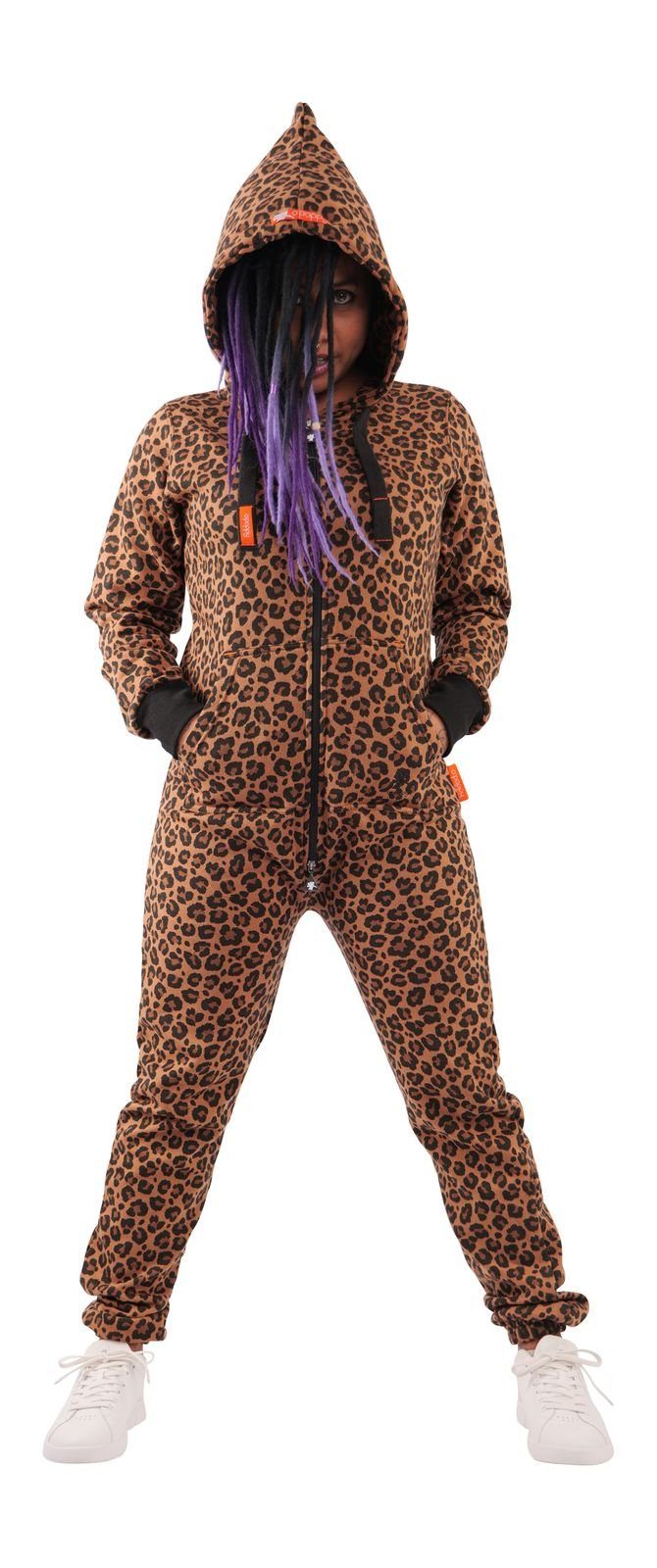 mit Kapuze leopard O'Poppy Jumpsuit (1-tlg) Damen Eingrifftaschen und
