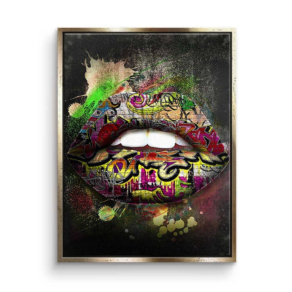 DOTCOMCANVAS® Leinwandbild, Premium Leinwandbild - Pop Art - Graffiti Lips - modernes Wandbild goldener Rahmen