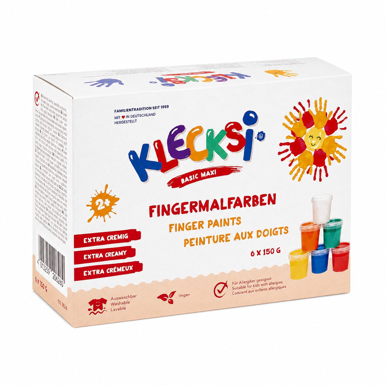 Feuchtmann Fingerfarbe KLECKSi Basic Maxi, 6 x 150g hautfreundliche Fingermalfarbe für Kinder