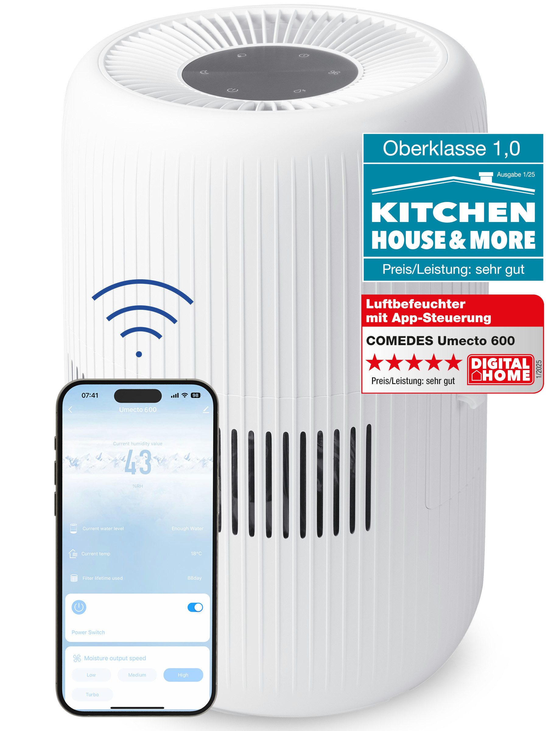 Comedes Luftbefeuchter Comedes Luftbefeuchter Umecto 600, bis 82m², 4,0 Liter Wassertank, 4 l Wassertank, Smart-Home fähig