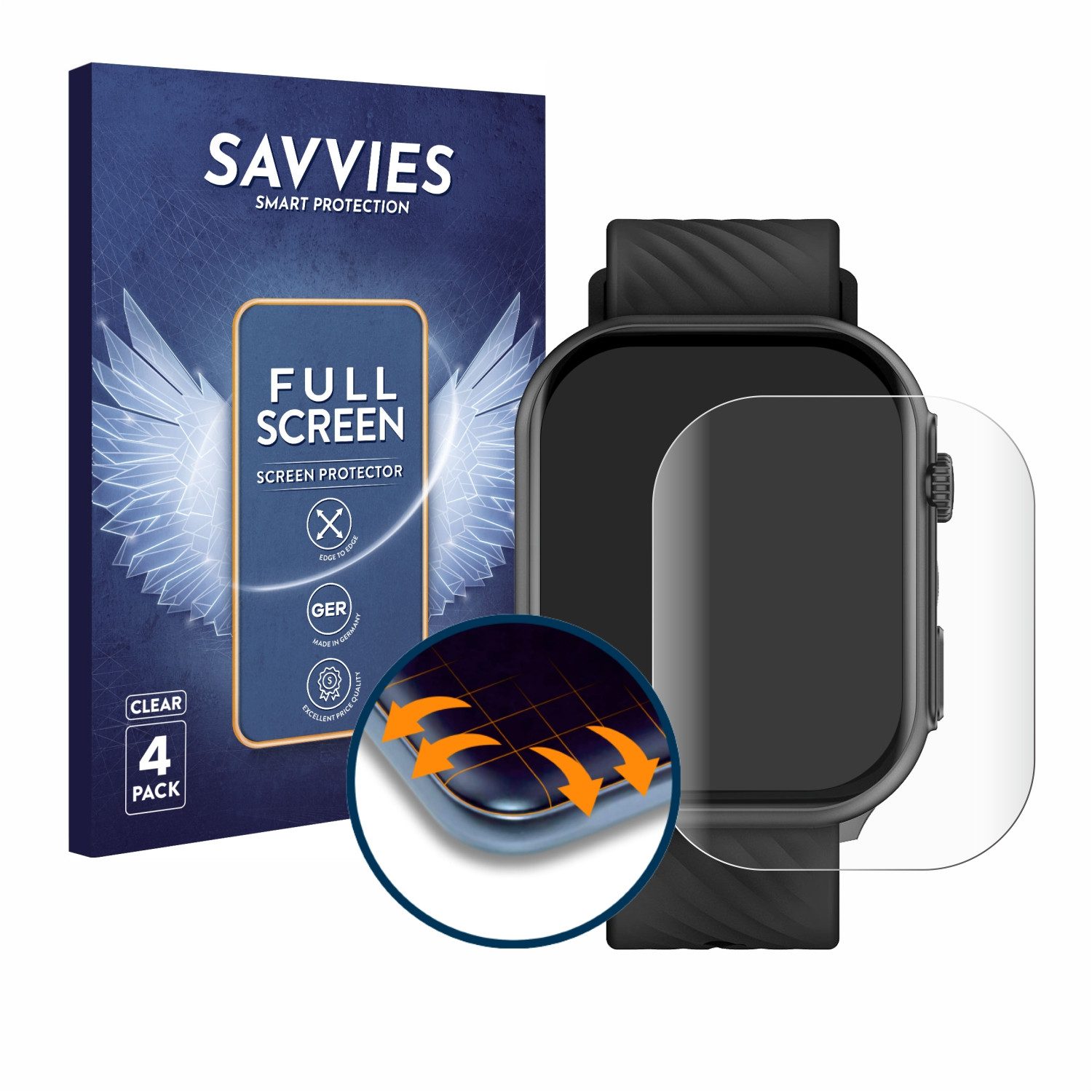Savvies Displayschutzfolie Fullscreen Schutzfolie für Yuede Smartwatch 2", 4 Stück, Displayschutz Folie Fullcover Klar Transparent