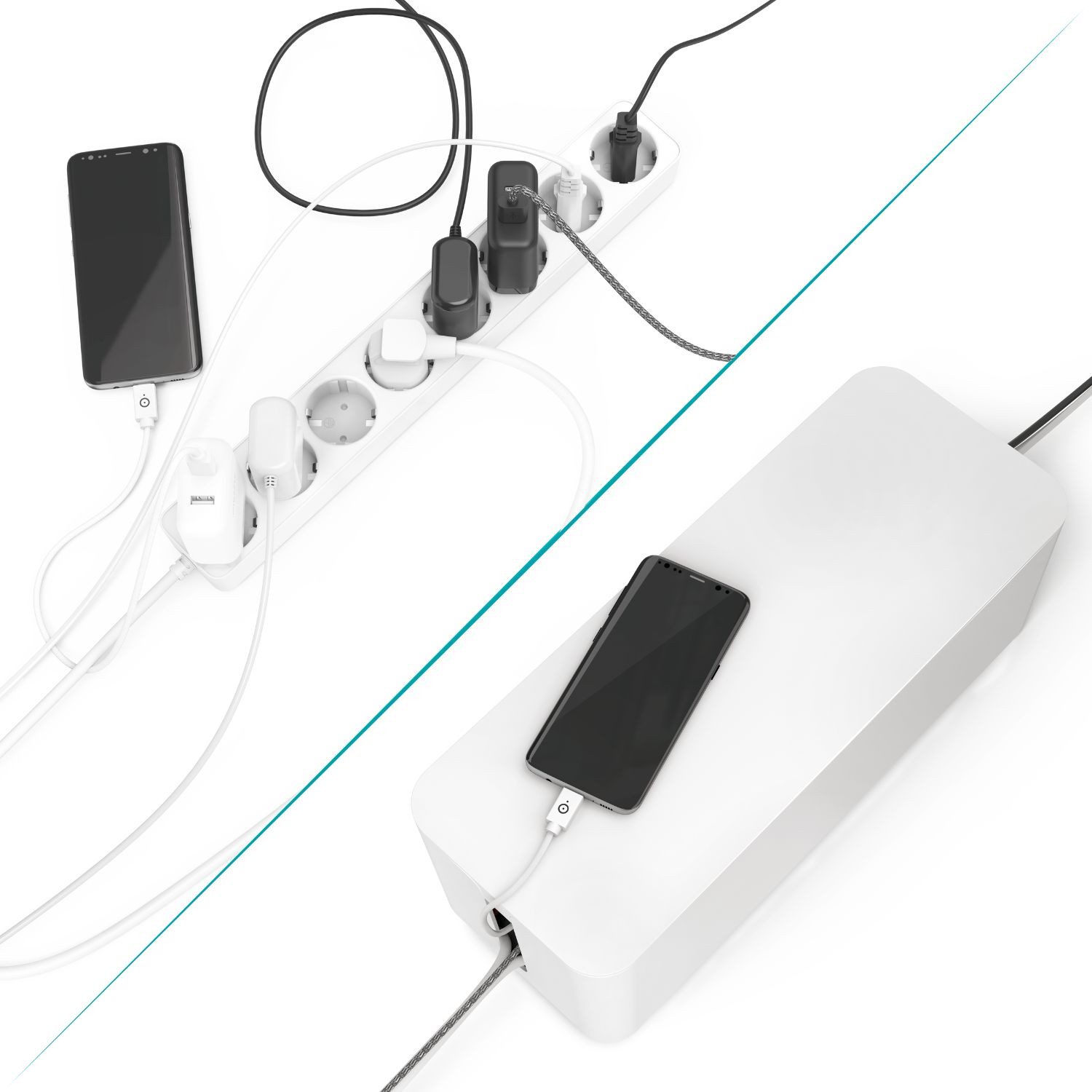 Pazzimo Kabelbox Design Kabelbox Kabelmanager Ladebox Box Weiß, (1x Kabelbox, Aufbewahrung), Kabel-Organizer Strom Ladestation für Zuhause TV PC Büro Schreibtisch