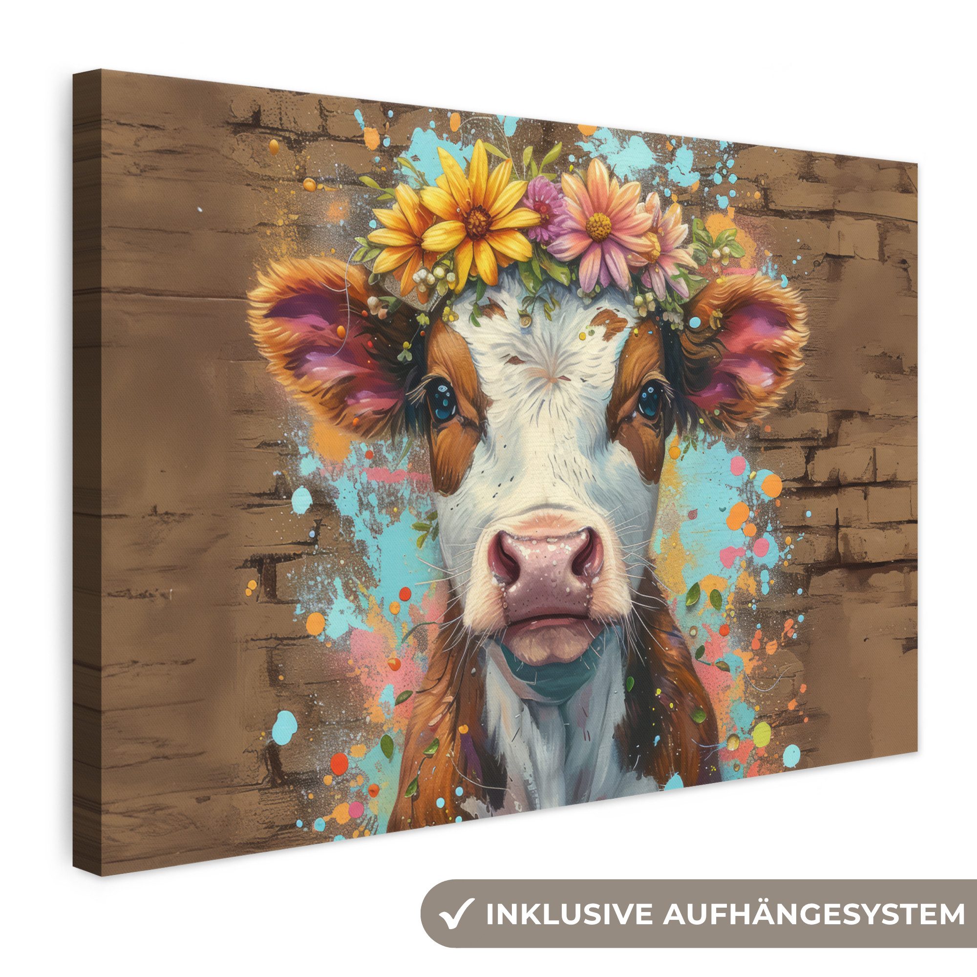OneMillionCanvasses® Leinwandbild Kuh - Graffiti - Tiere - Blumen - Straßenkunst, Fotodruck (1 St), Leinwand Bilder Klein, Wand Dekoration Aesthetic 30x20 cm